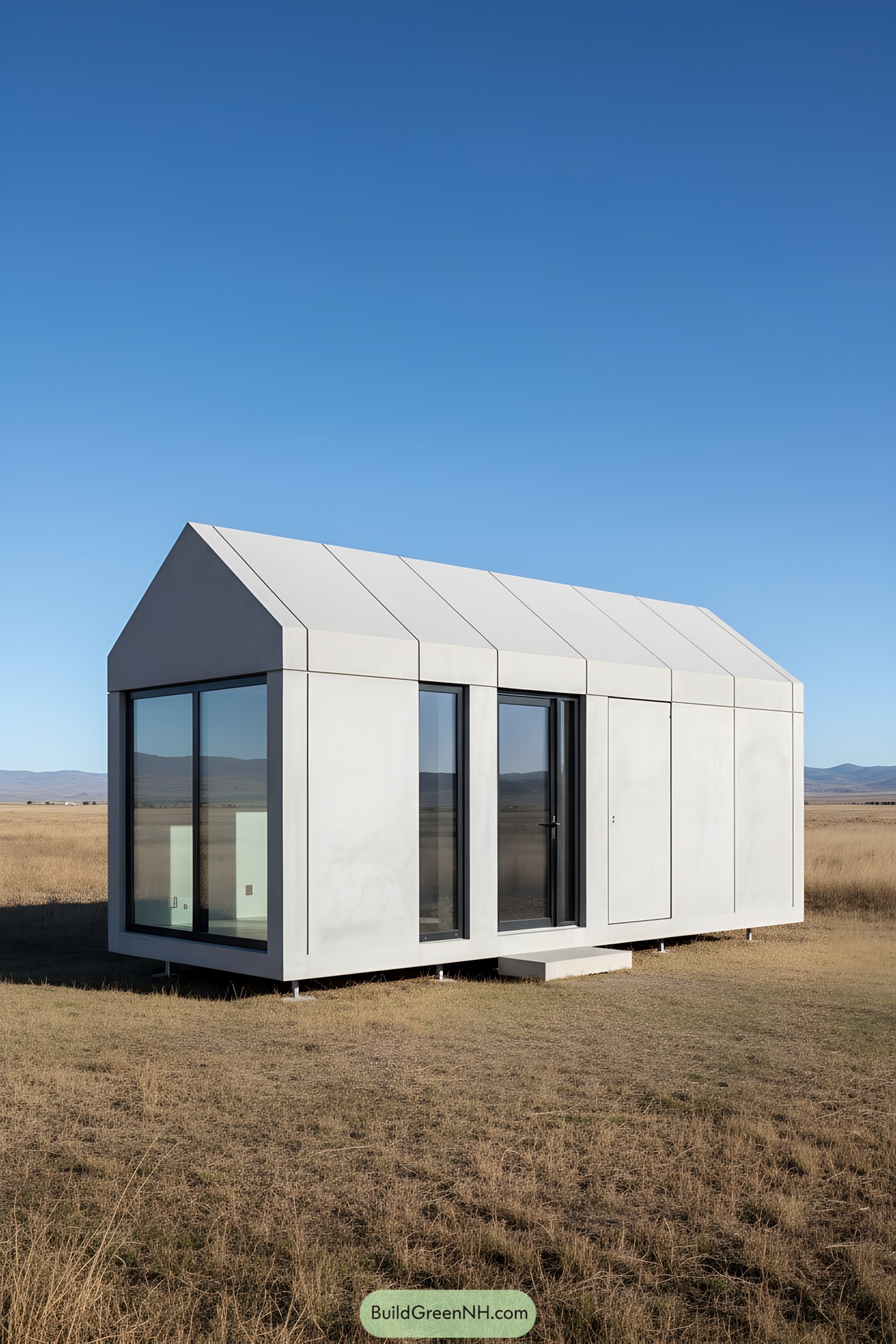 Small gabled concrete tiny house with large glass doors in an open field