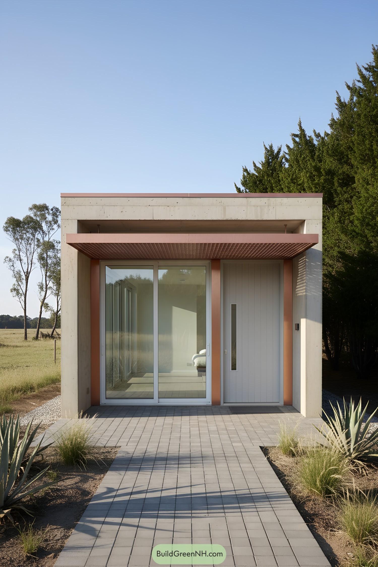 Small concrete house with copper canopy and sliding glass front