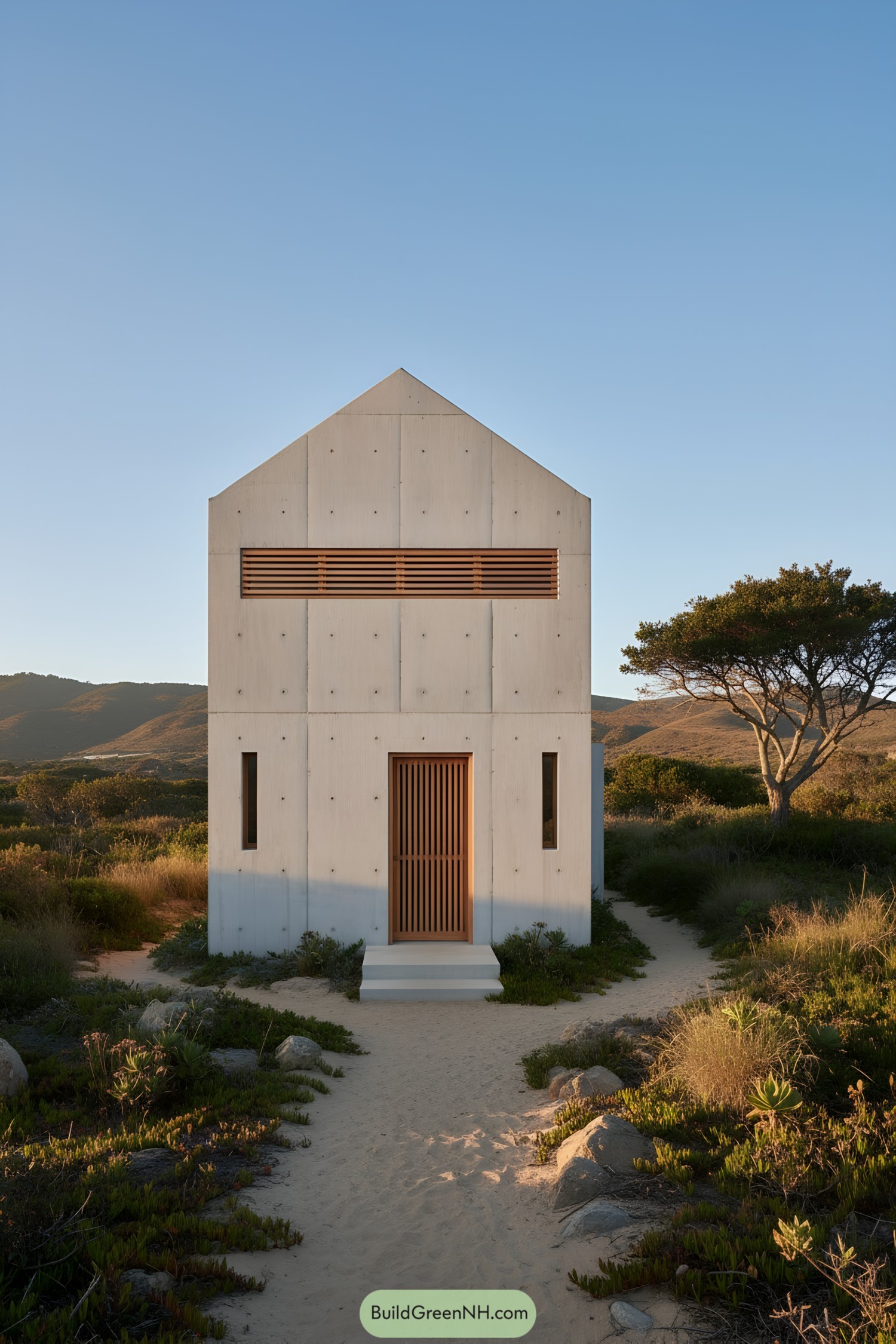 Compact gabled concrete house with wood slat accents