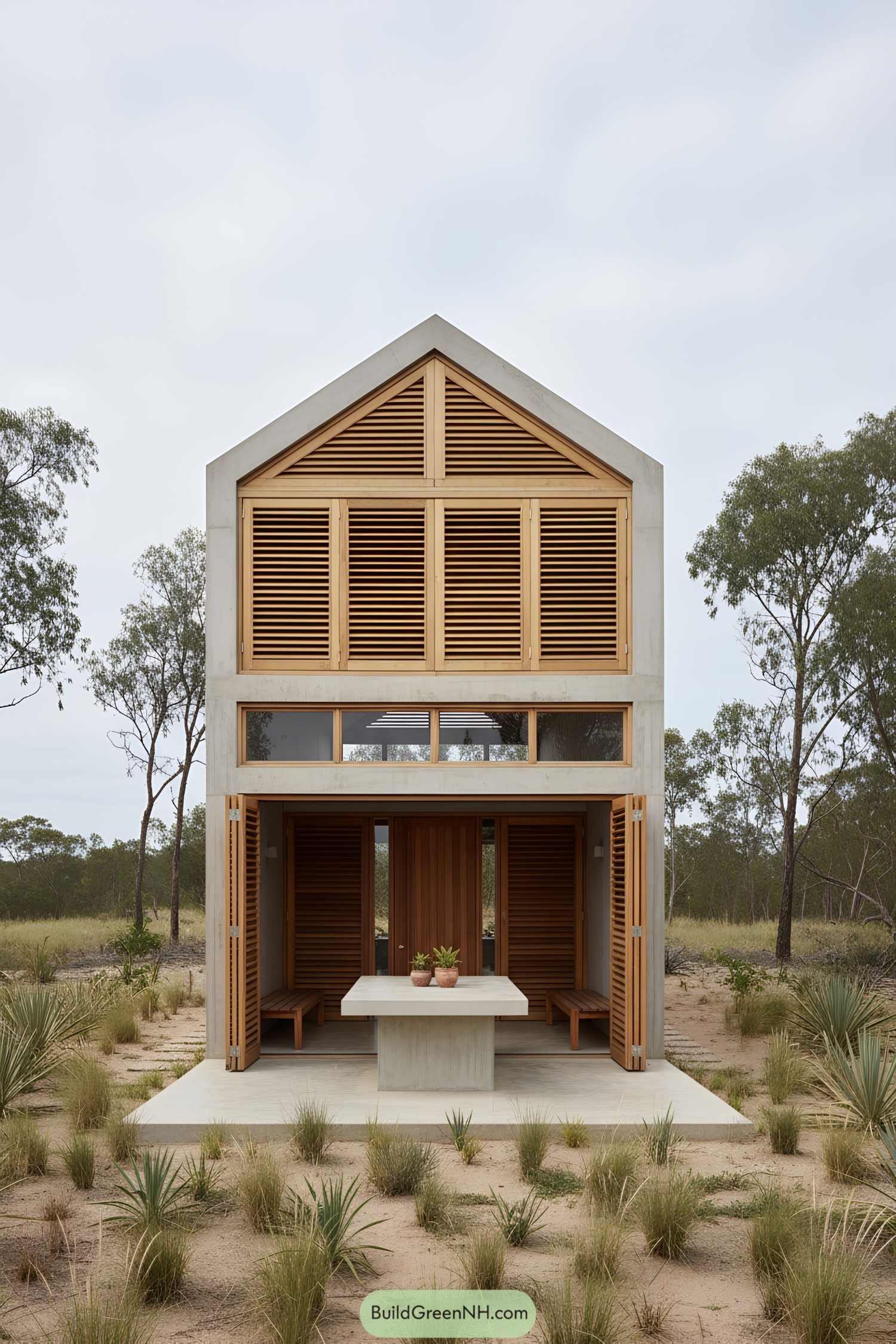 Compact concrete micro-house with wooden shutters