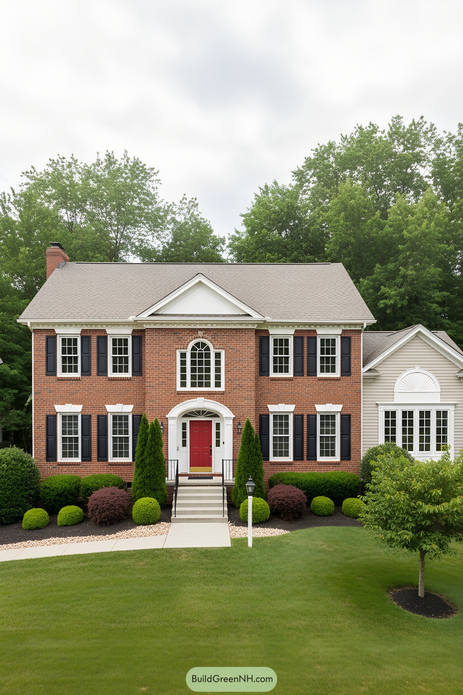 Red-brick colonial facade with red door, black shutters, and arched fanlight