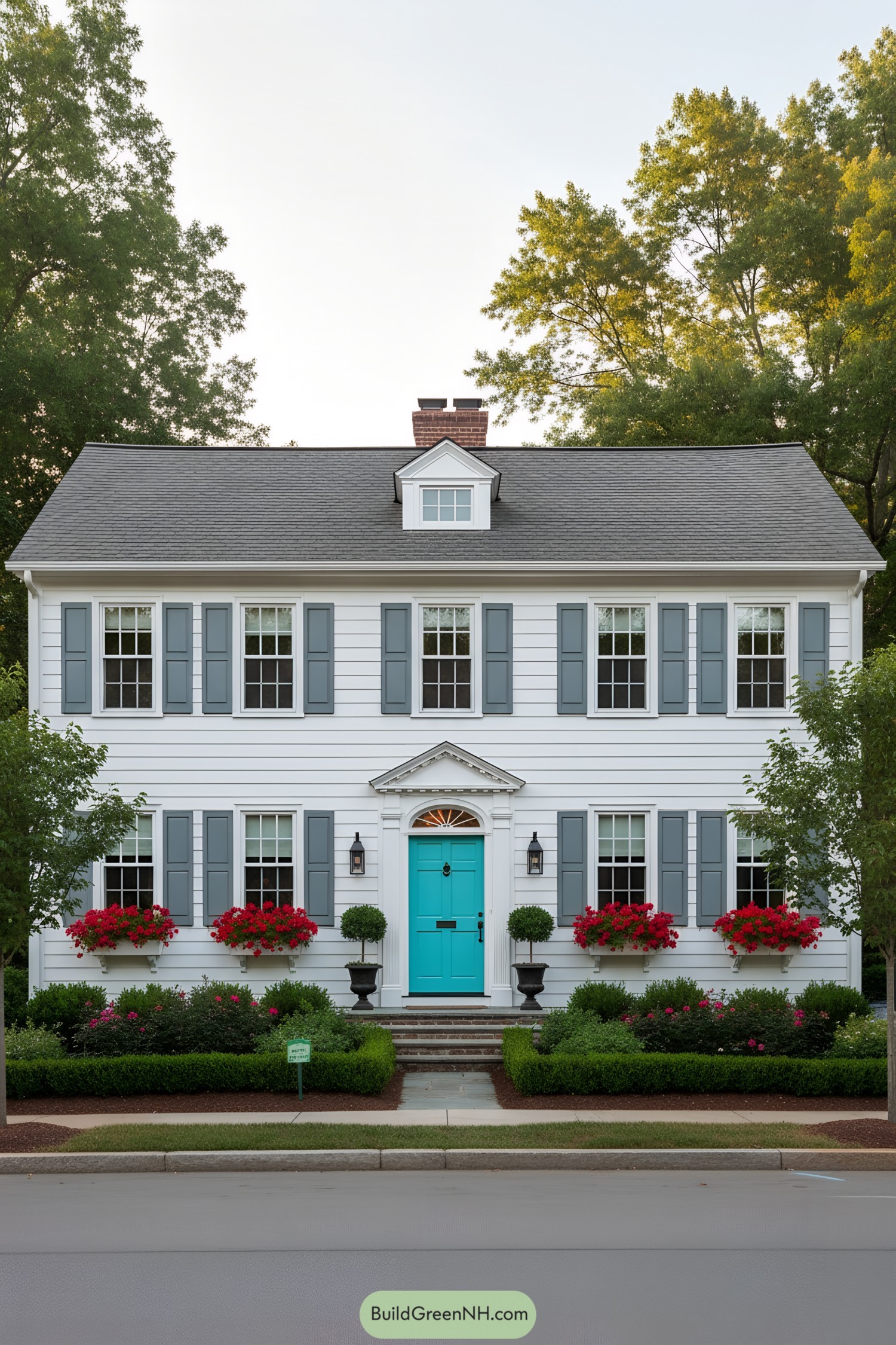 White clapboard colonial with teal door, blue shutters, and window boxes