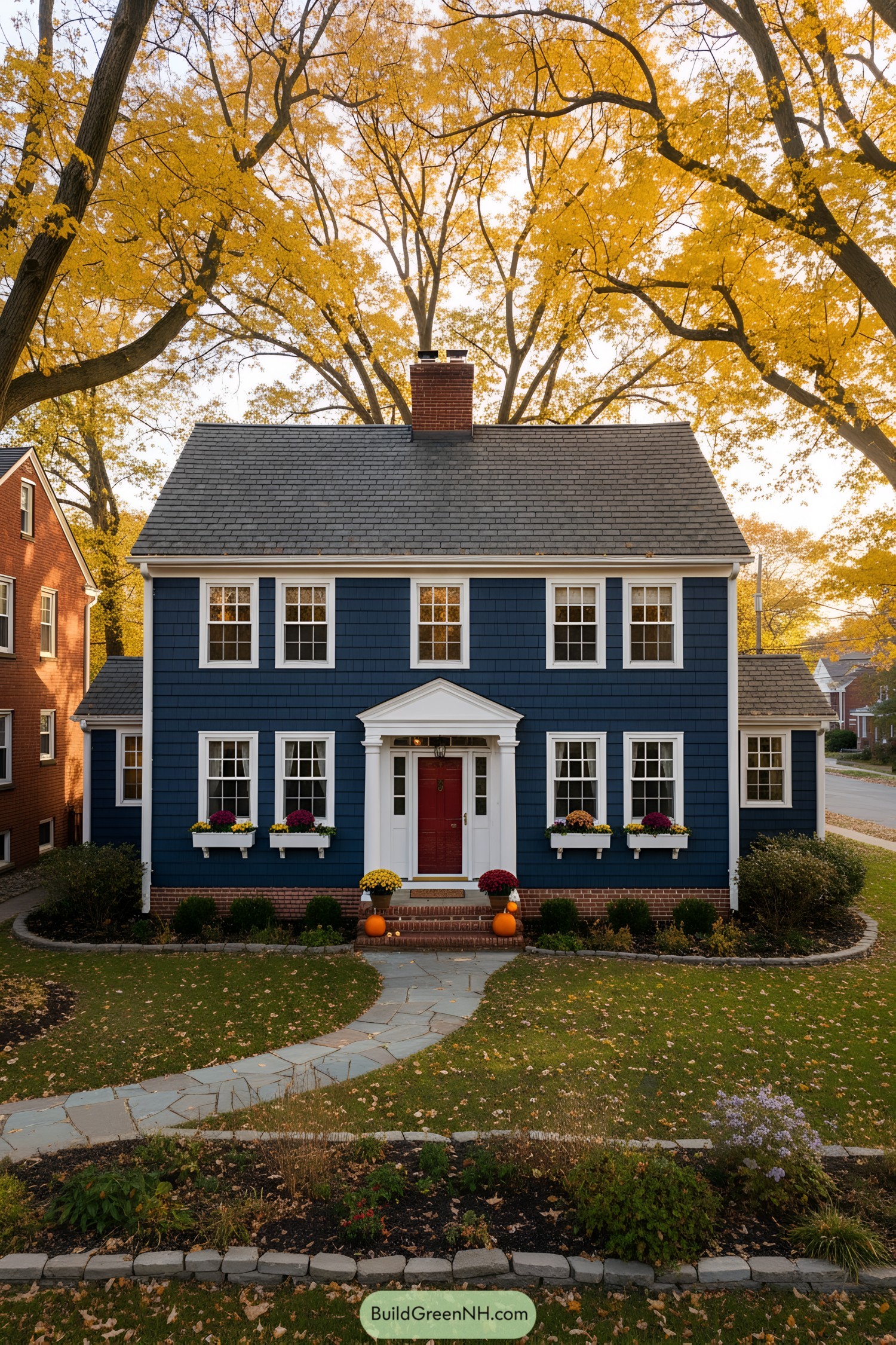 Blue colonial house with red door