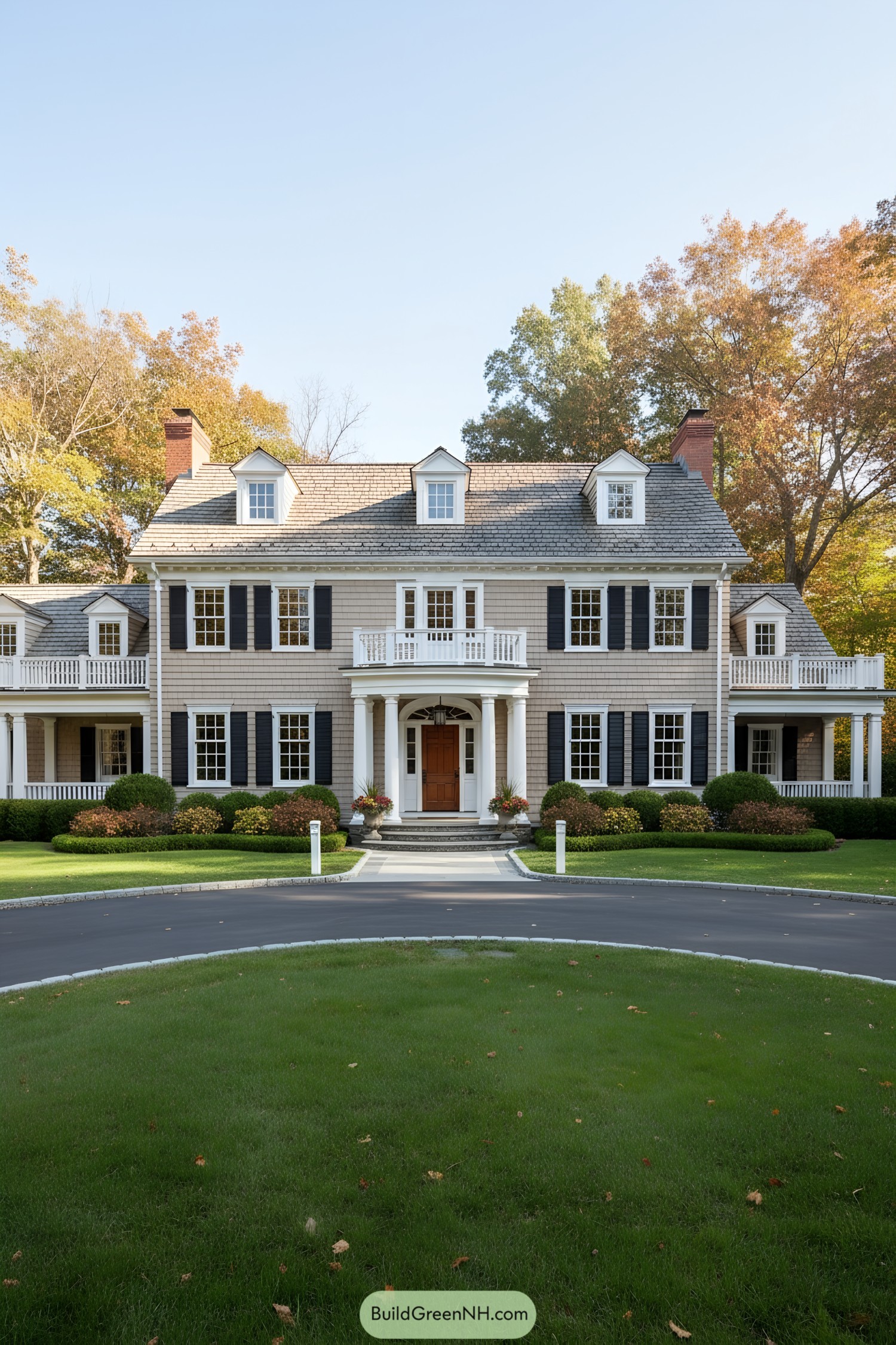 Classic colonial facade with shingle siding, black shutters, and central portico
