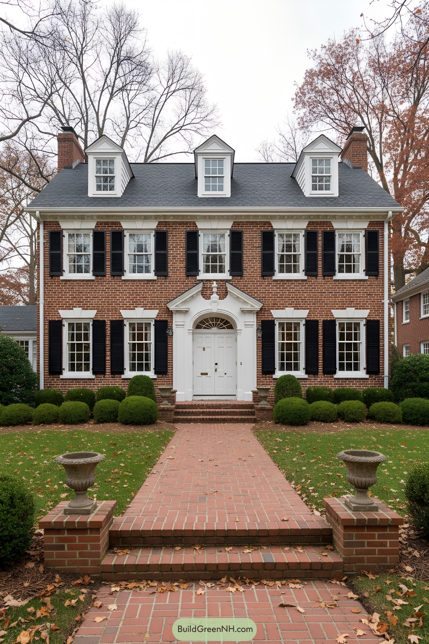 Red-brick colonial house with black shutters, white trim, arched entry, and three dormers