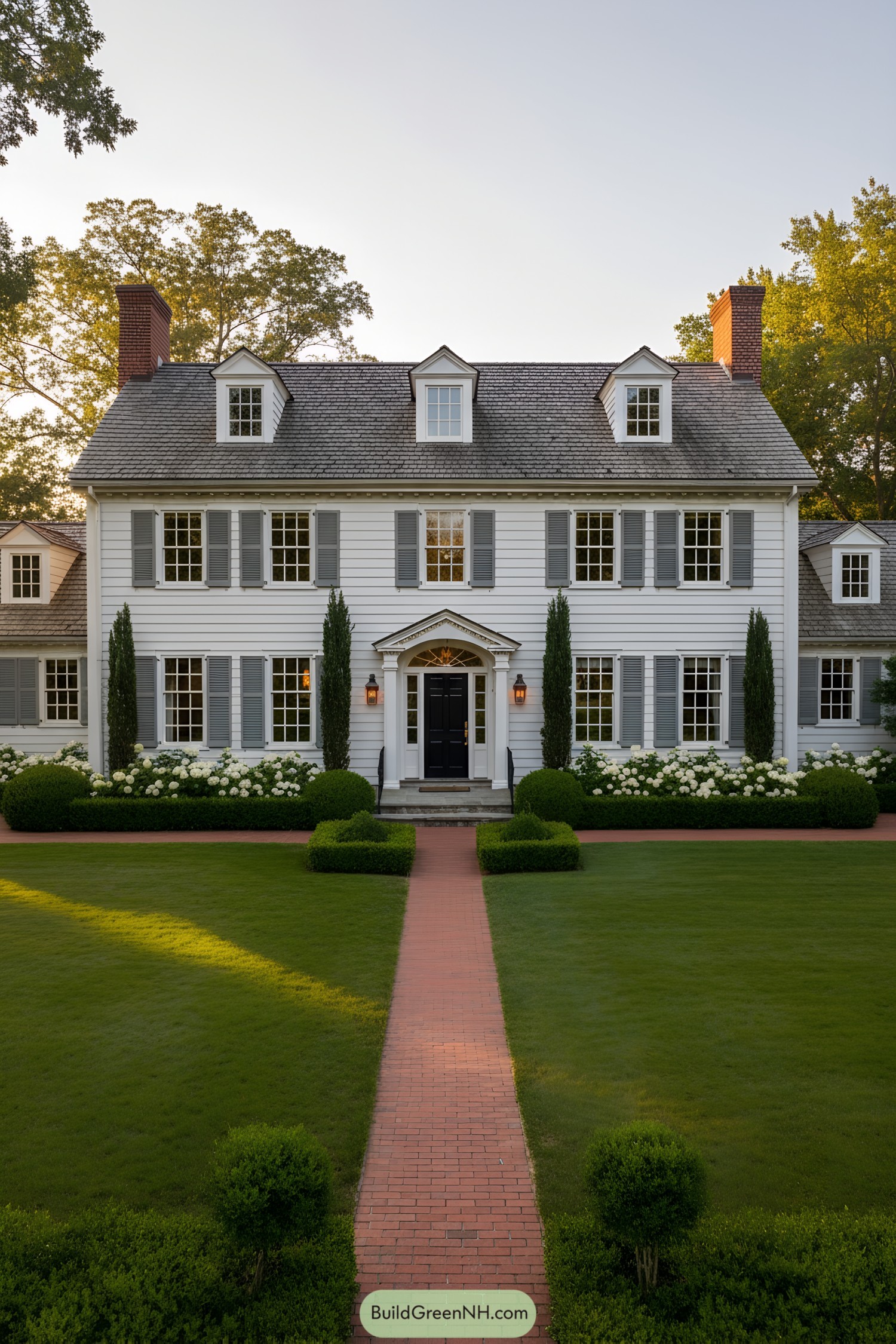White clapboard colonial with gray shutters, black door, red brick path, and three dormers