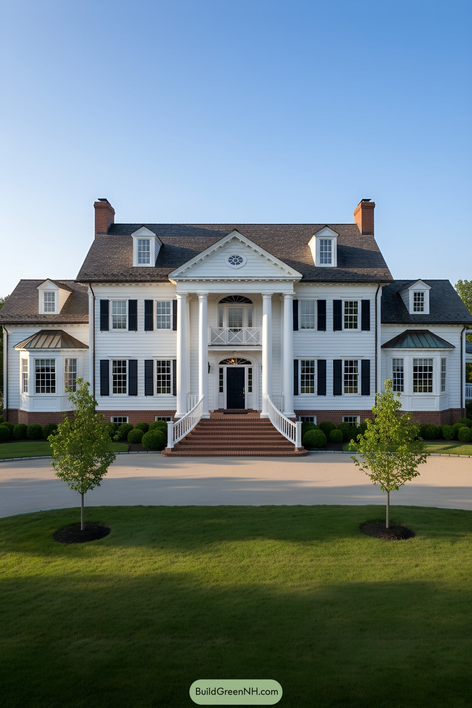 Grand white Colonial with columned portico and dormers
