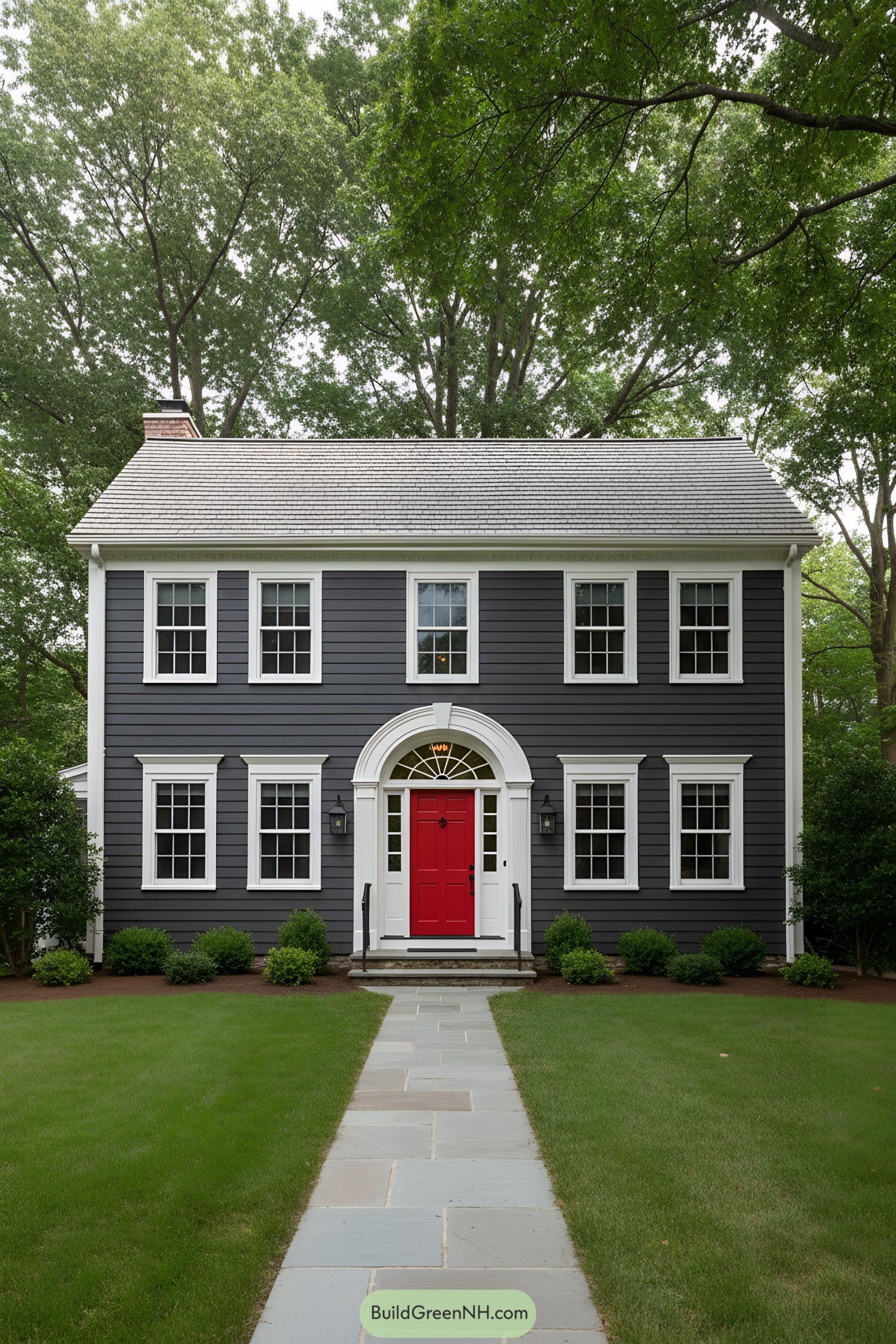 Dark clapboard colonial with red door and white trim