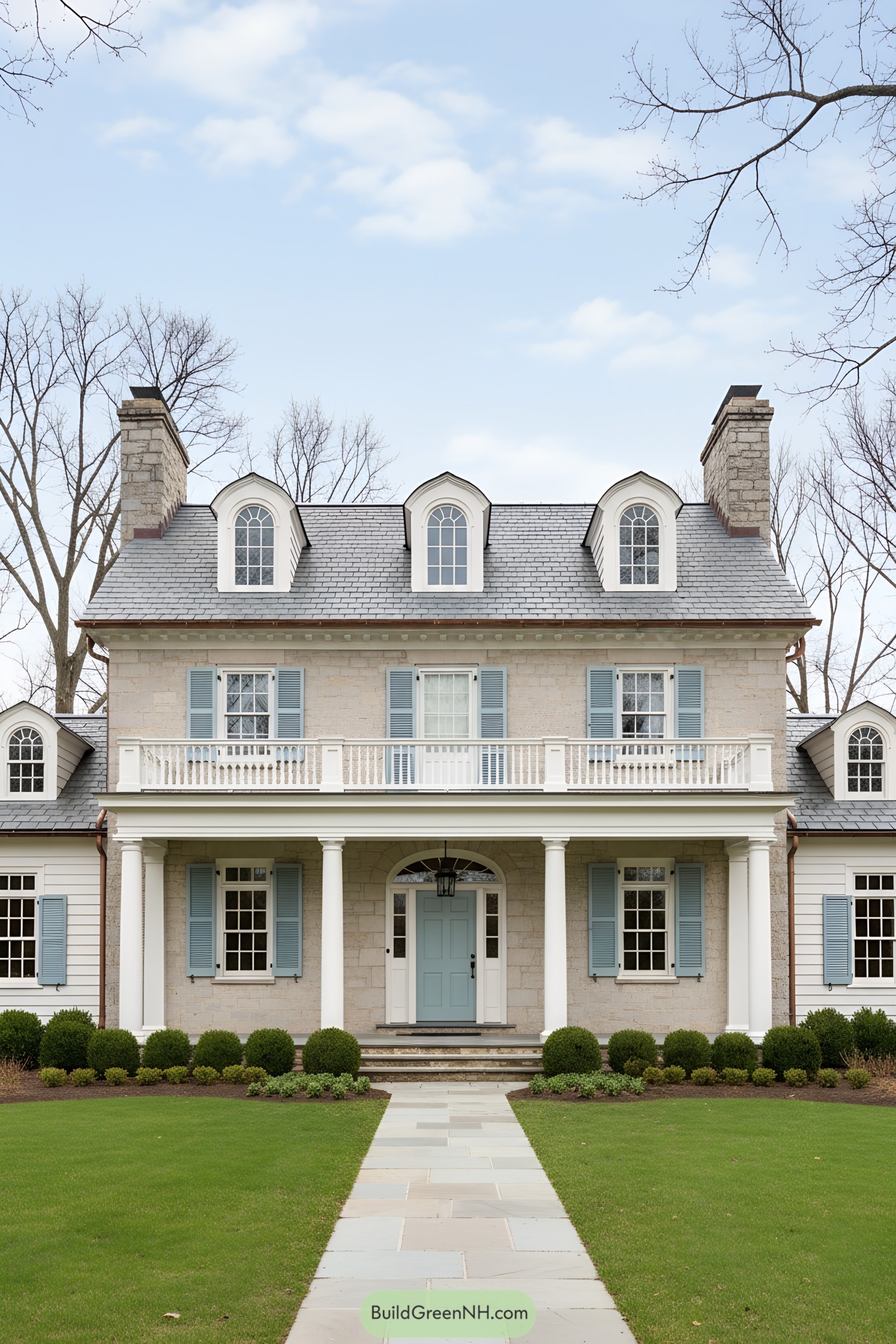 Light-stone colonial with blue shutters and dormers
