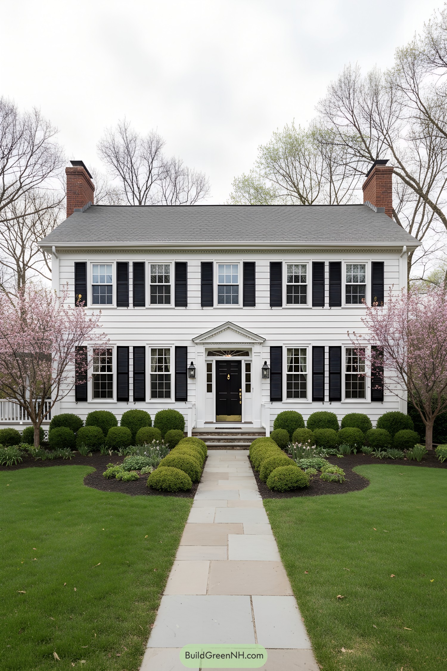 White clapboard colonial with black shutters, centered portico, and manicured boxwood path