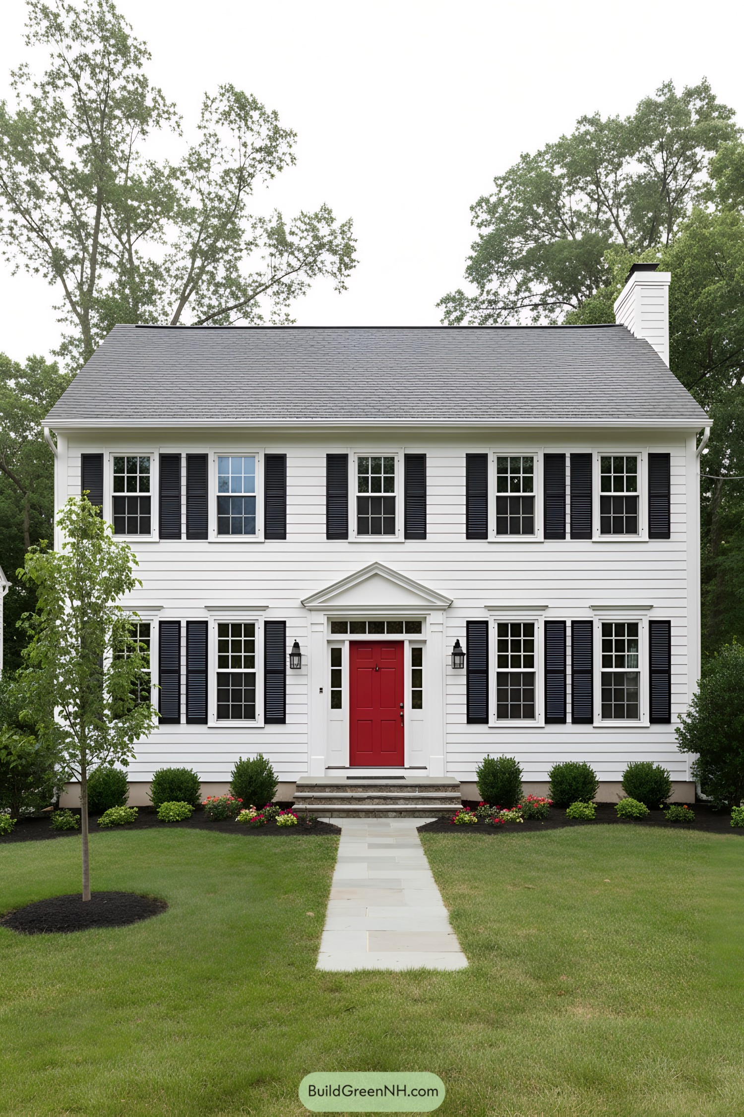 White clapboard colonial with black shutters and red door