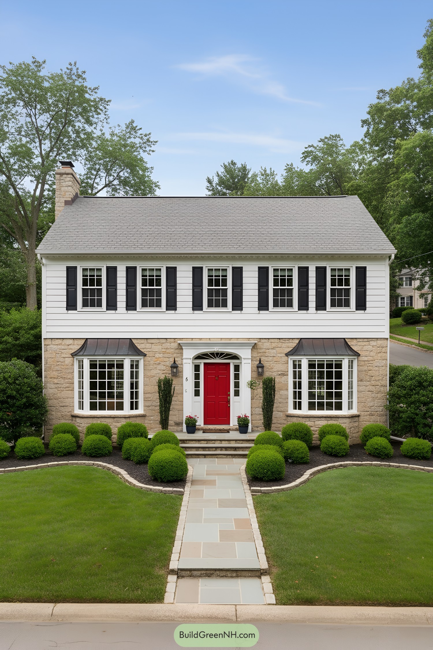 Two-story colonial with stone base, white siding, black shutters, and red door