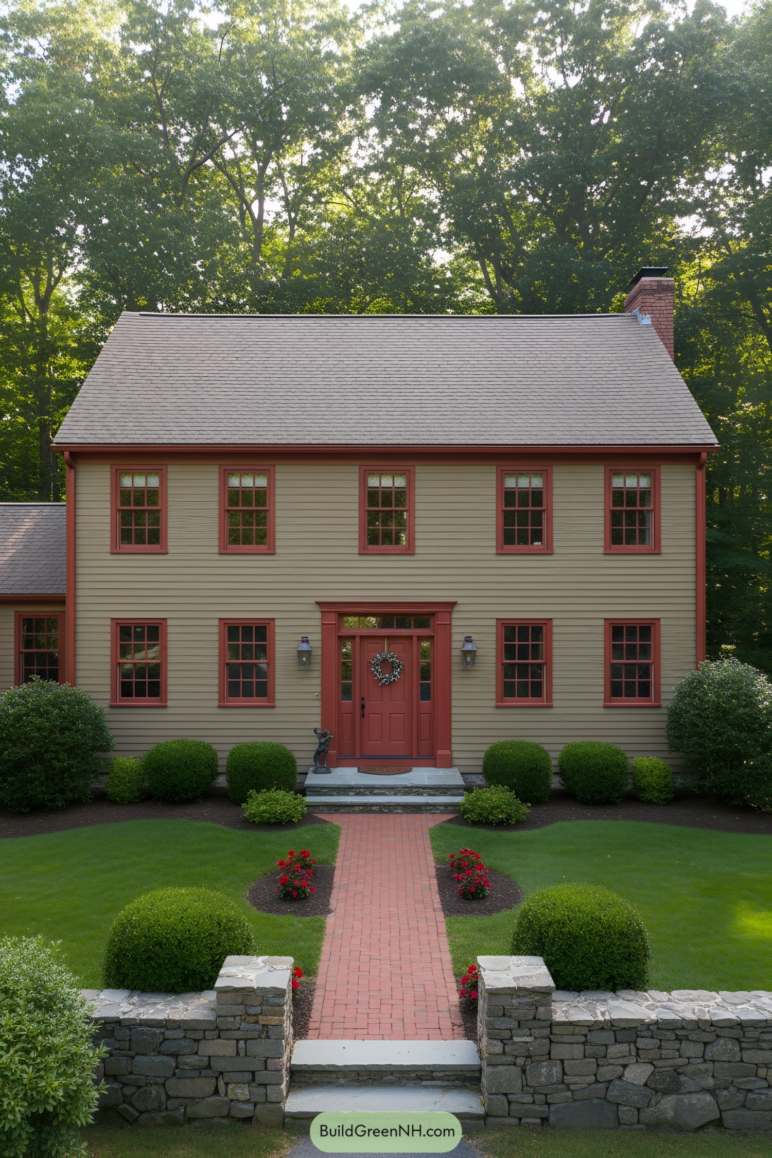 Two-story taupe clapboard house with red trim, red door, and brick walkway flanked by manicured shrubs
