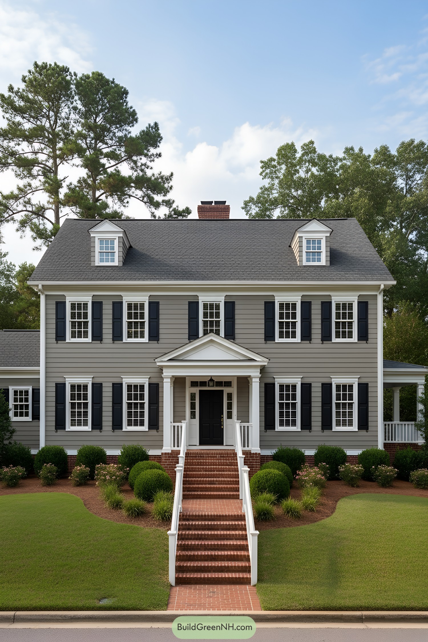 Gray clapboard colonial with black shutters and dormers