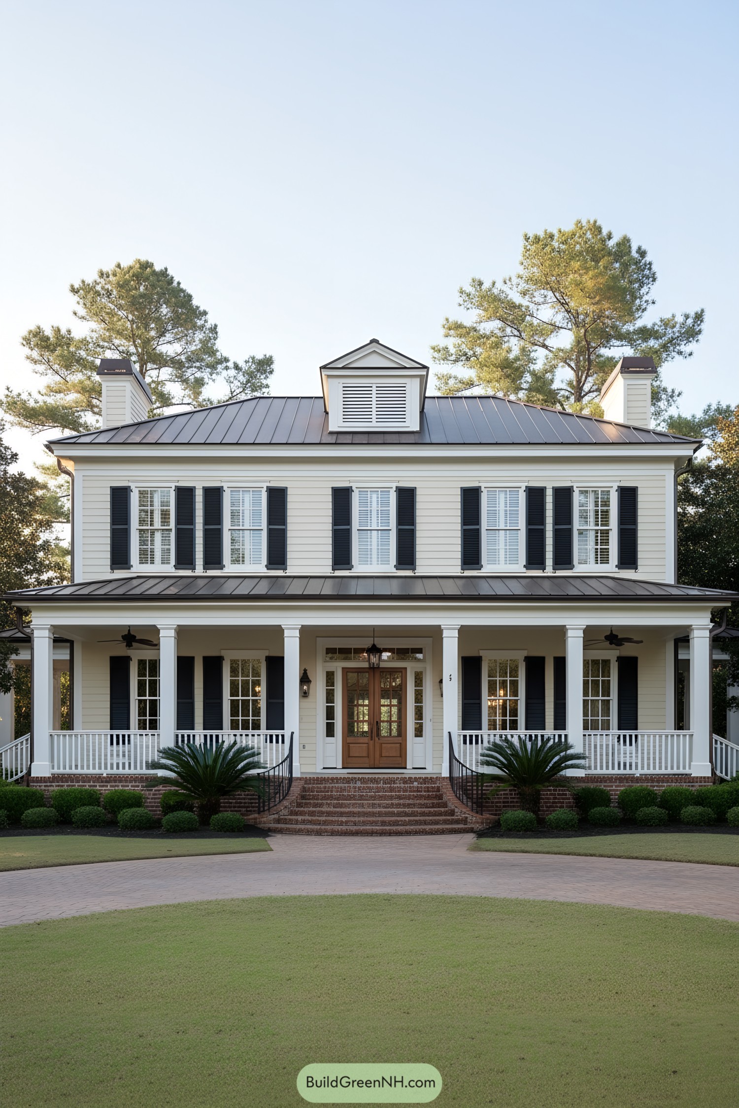 Two-story colonial with broad porch and black shutters