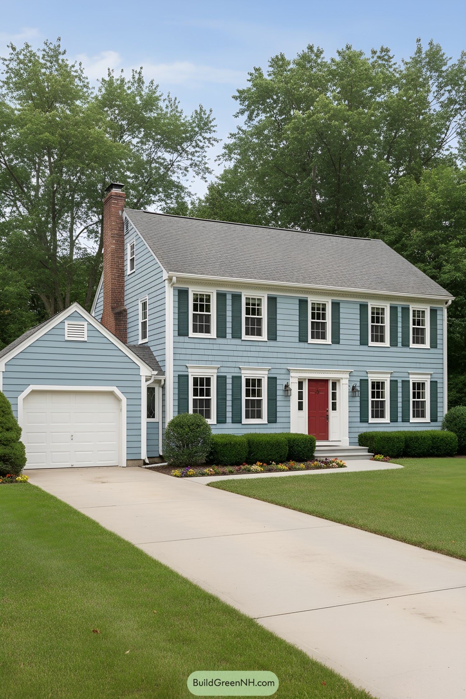 Blue clapboard colonial with green shutters, red door, attached garage, and manicured lawn