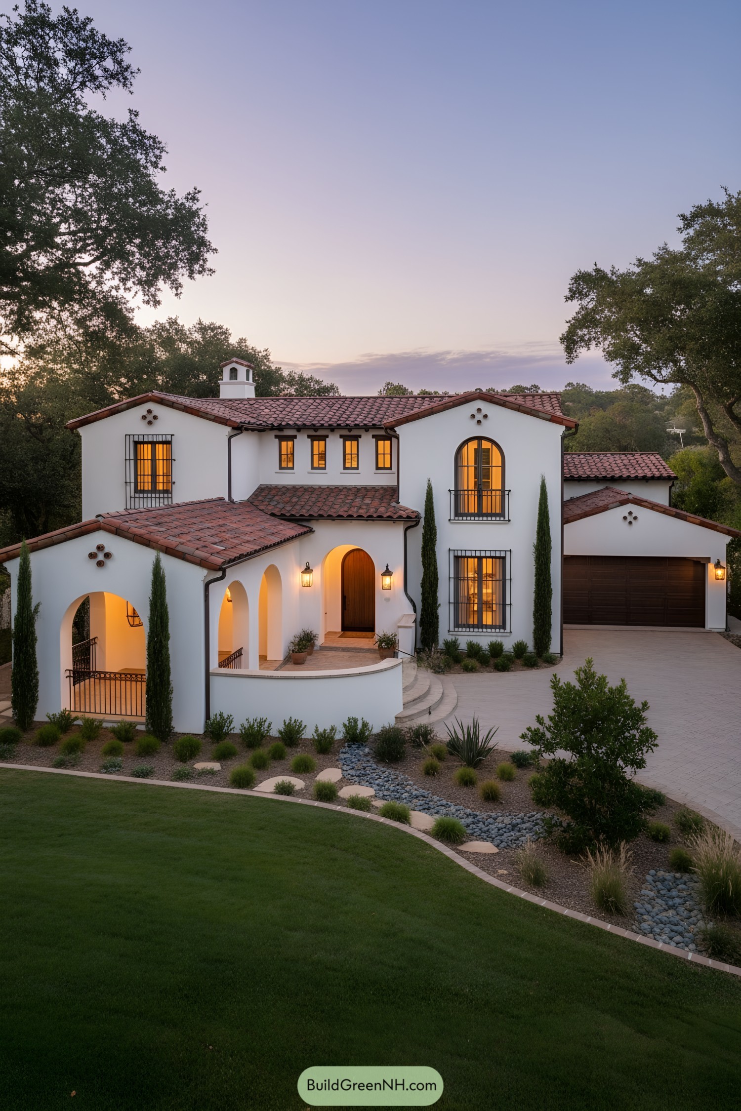 White stucco villa with red clay tile roof, arched porch, and wrought-iron accents at dusk