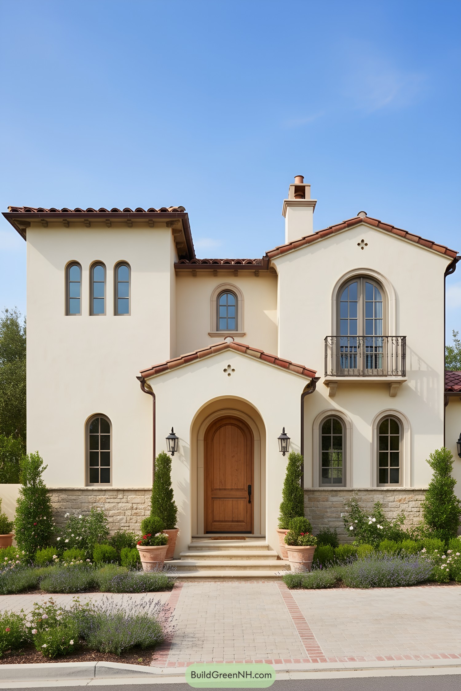 Cream stucco Mediterranean house with arched entry, clay tiles, and small balcony