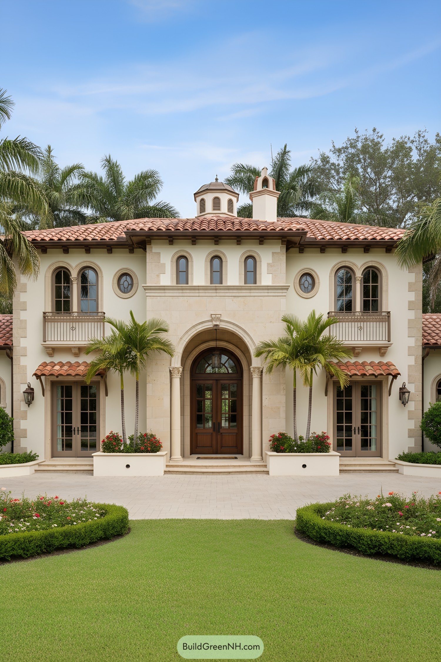 Mediterranean villa with arched entry, balconies, and terracotta roof