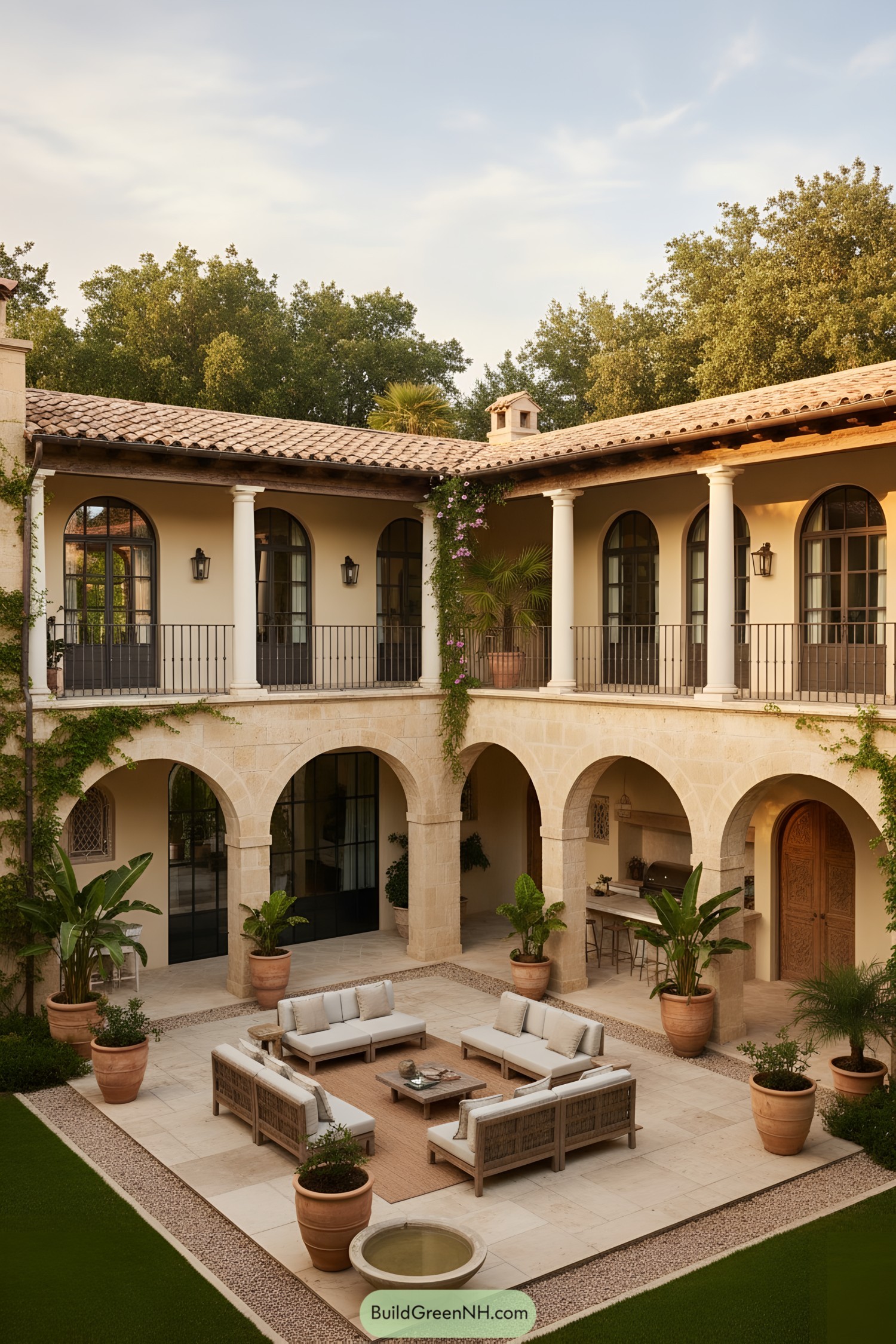 Mediterranean courtyard with arches and seating