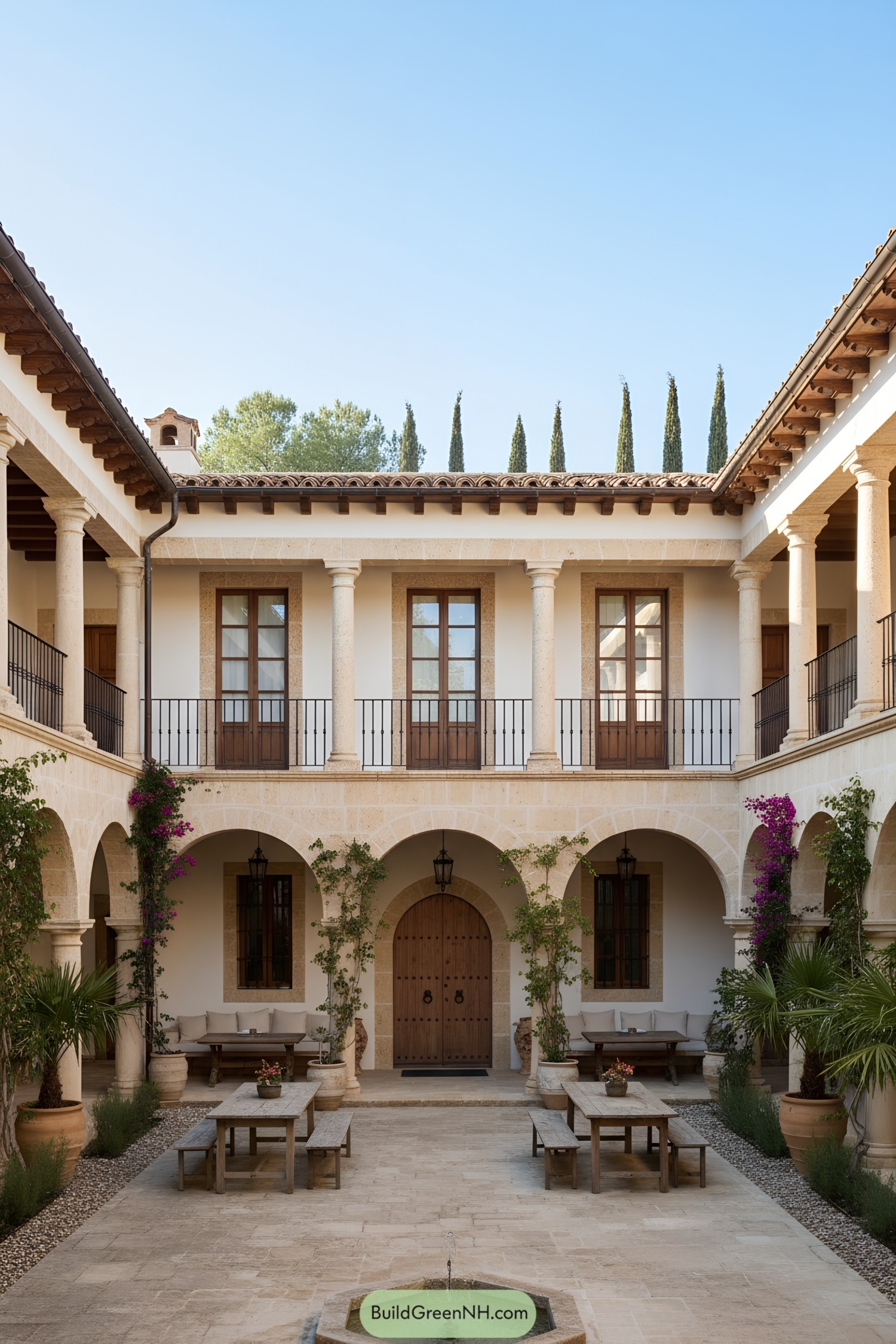 Mediterranean courtyard with arcades, balconies, and cypress