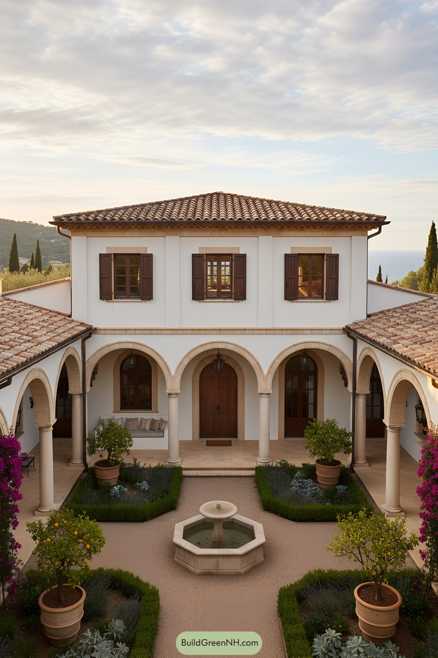 Mediterranean courtyard villa with arches and fountain
