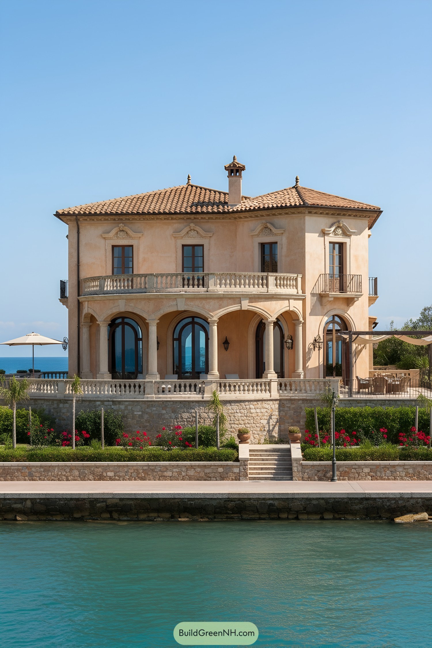 Mediterranean villa with arched loggia and balconies by the water