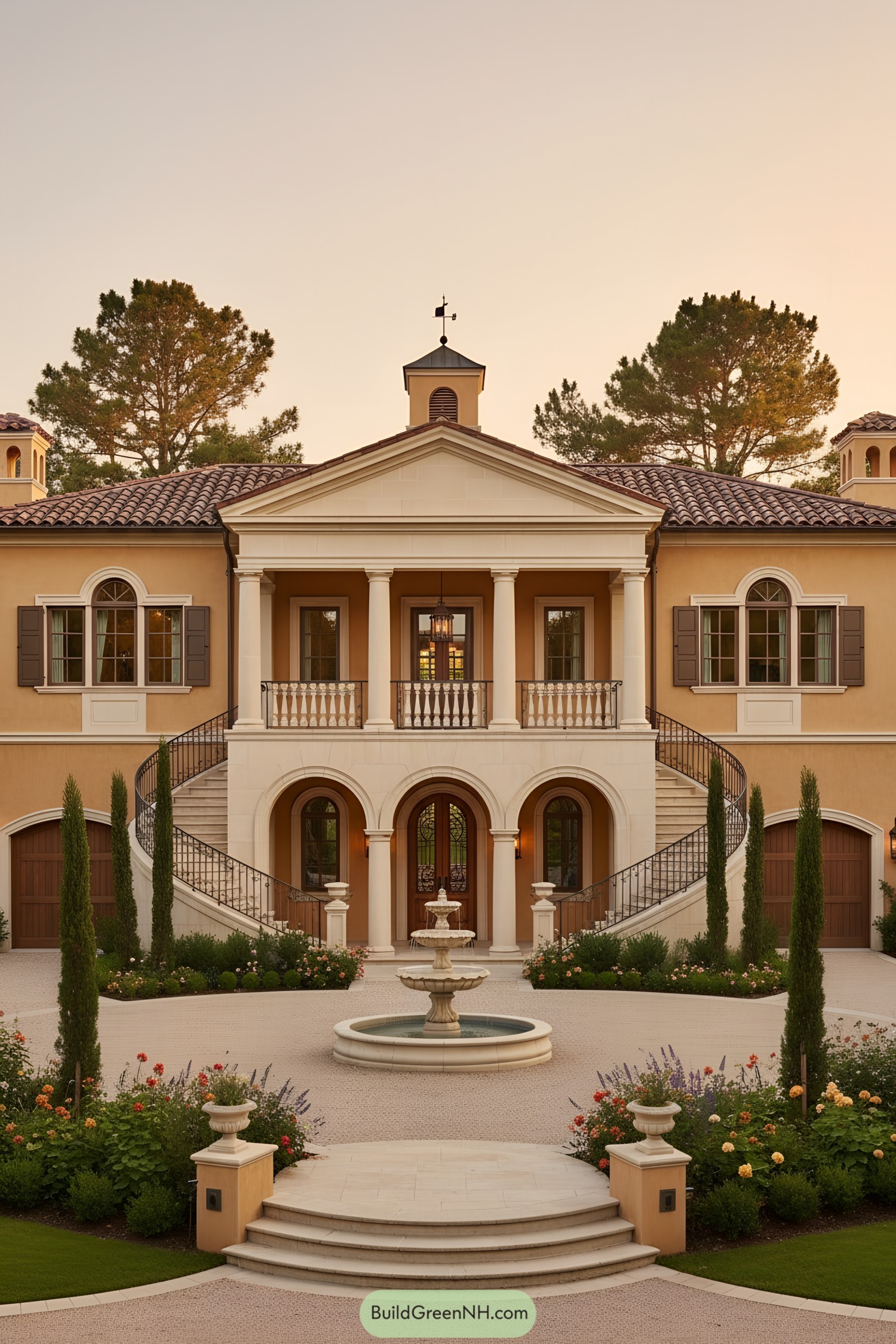 Two-story Mediterranean villa with central portico, arched entry, and twin sweeping staircases flanking a fountain courtyard