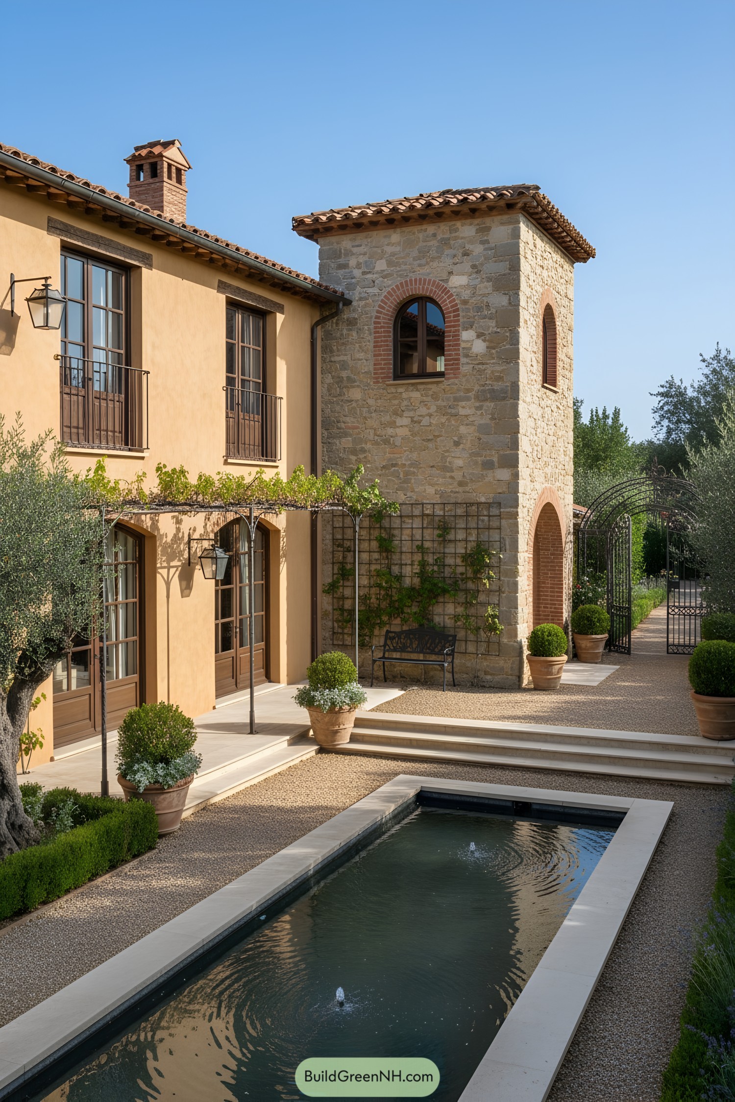 Mediterranean villa courtyard with stone tower and reflecting pool