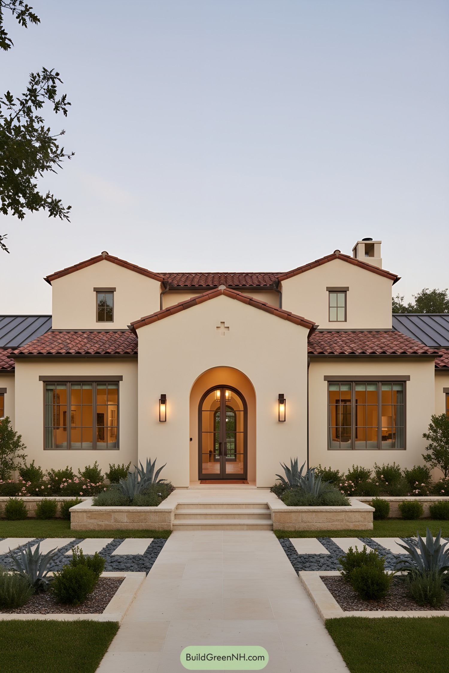 Mediterranean home with arched entry and terracotta roof