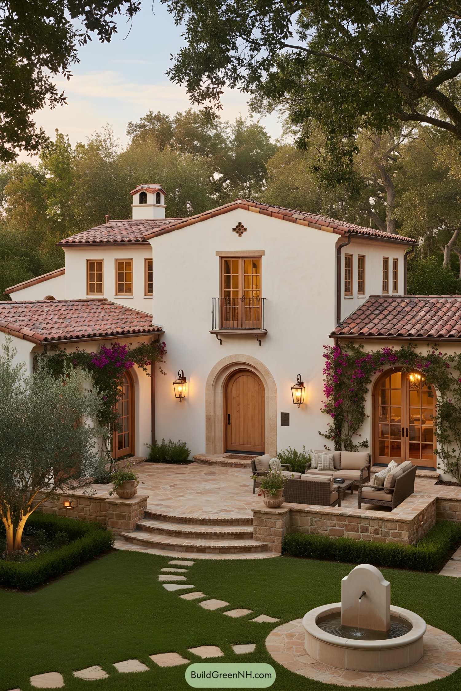 Mediterranean villa with white stucco, terracotta roof, arched door, vine-draped loggias, and a stone courtyard fountain