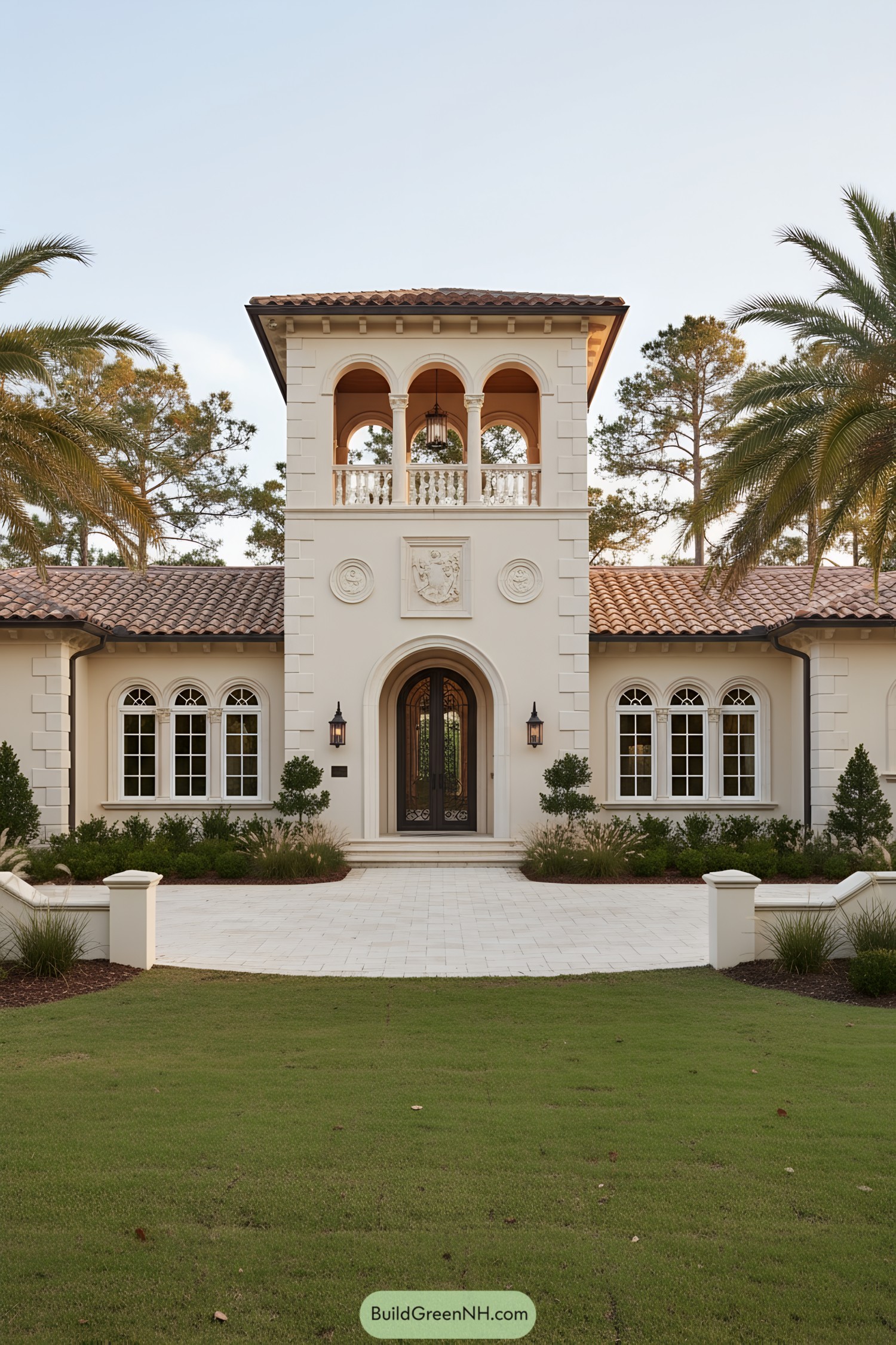 Mediterranean villa with arched tower and terracotta roof