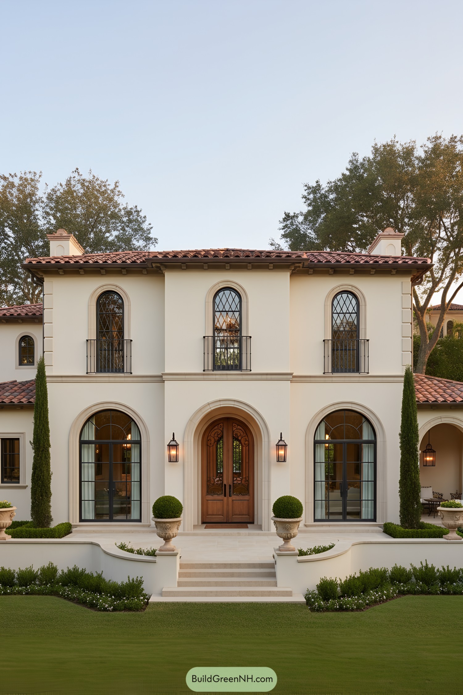 Mediterranean villa with arched windows and terracotta roof