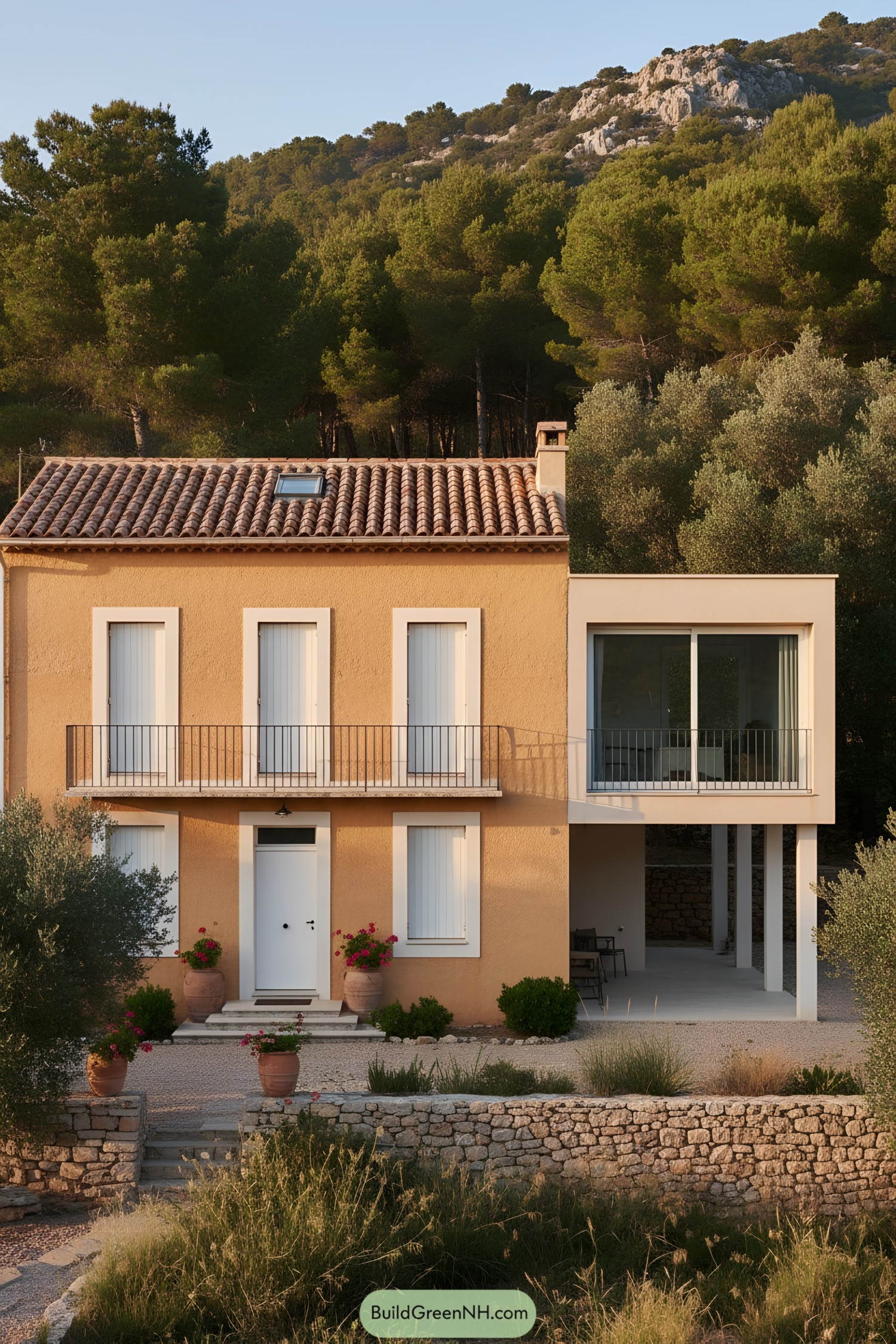Mediterranean villa with ochre stucco and stilted glass pavilion