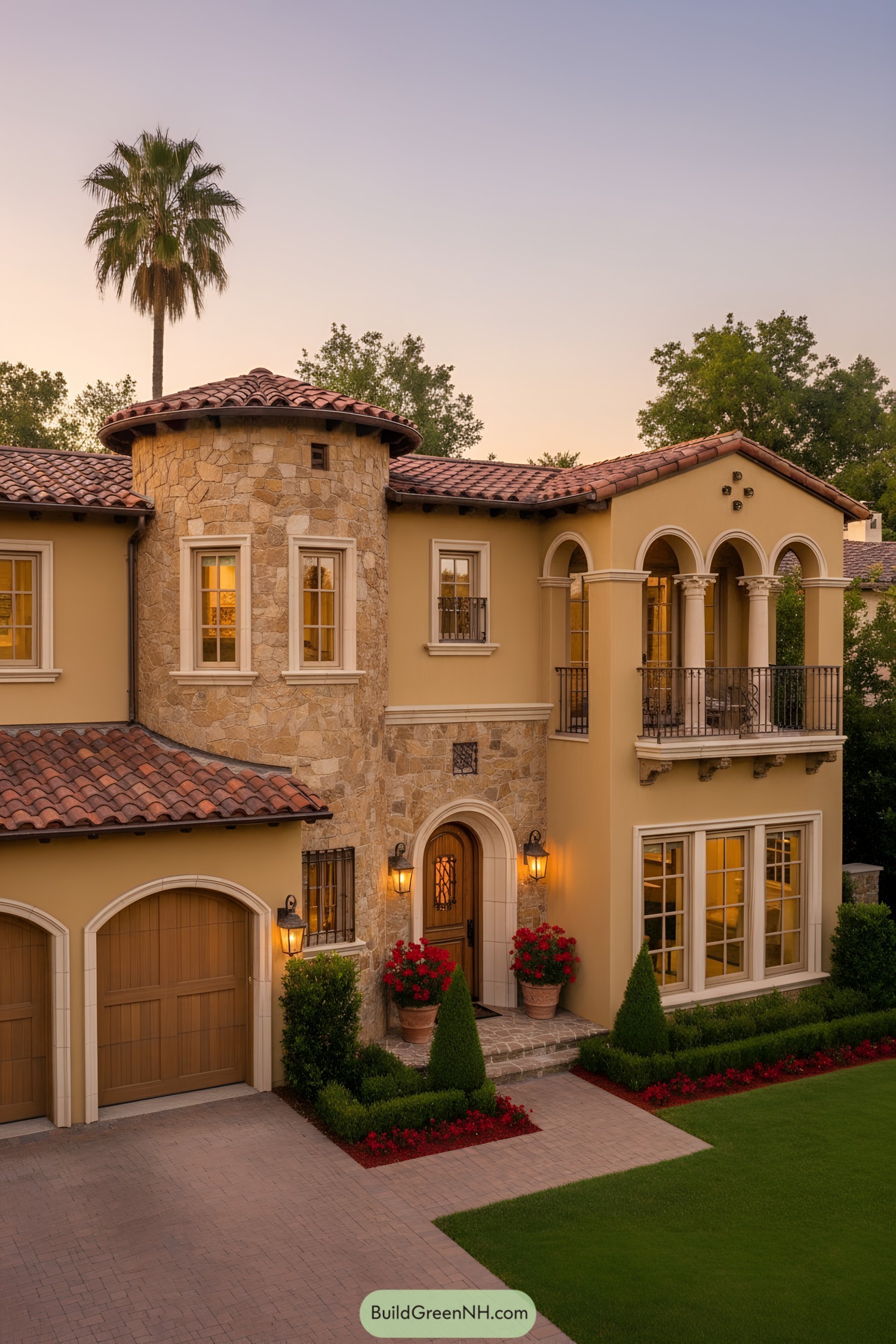 Mediterranean villa with stone tower and arched balcony