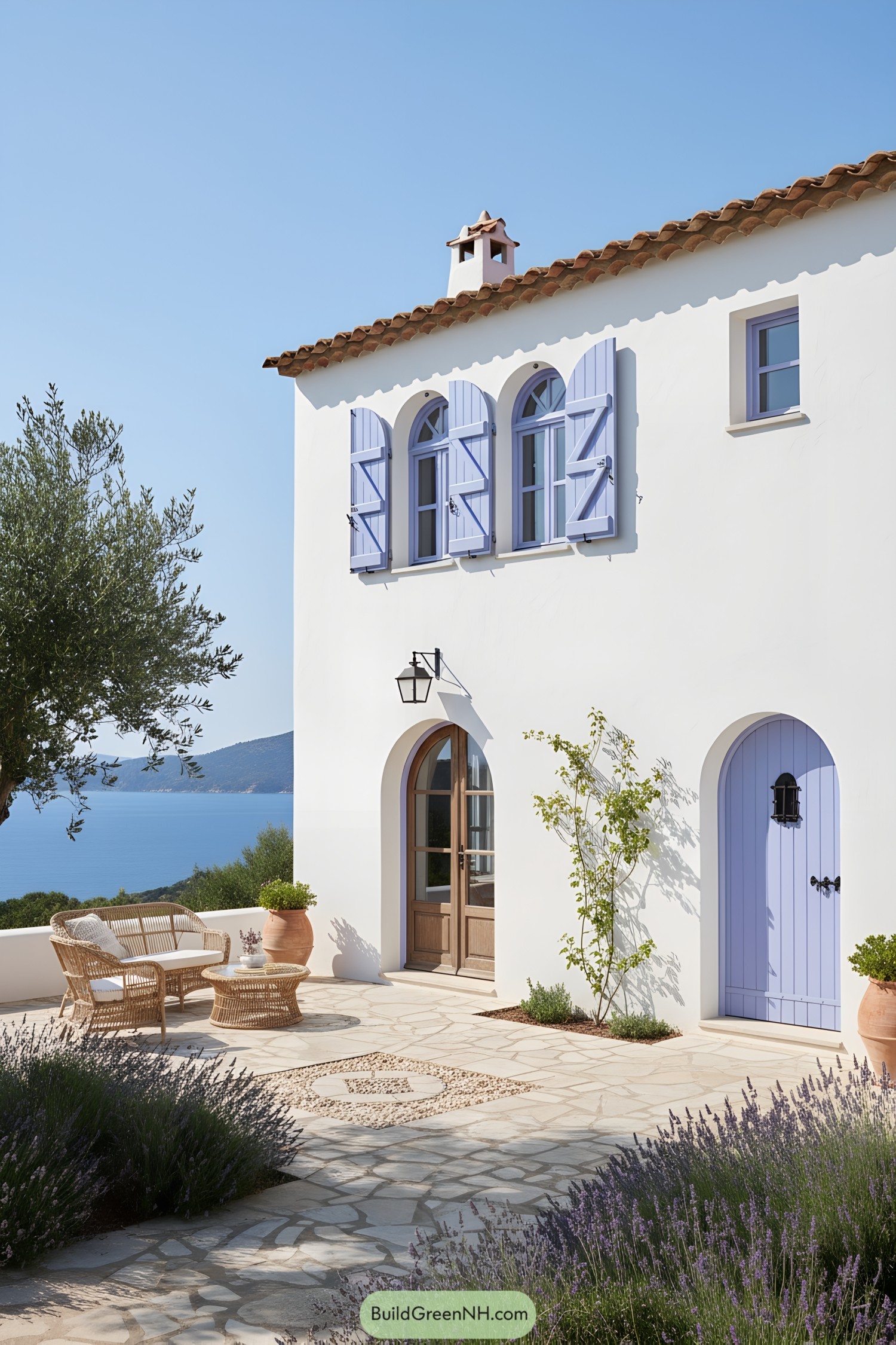 Whitewashed villa with lavender shutters and terracotta roof by a coastal terrace