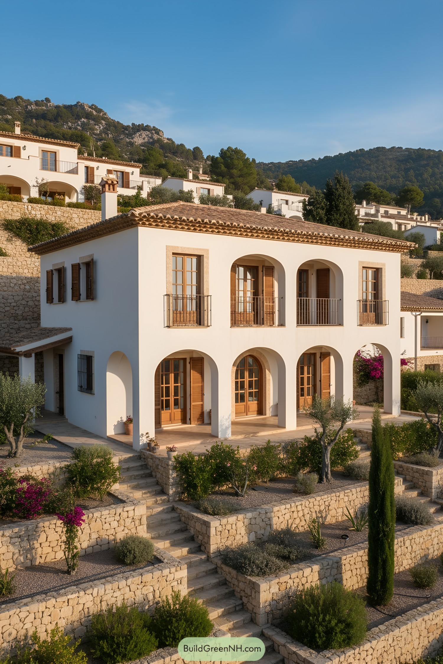 White stucco villa with arched loggia and terraced stone gardens