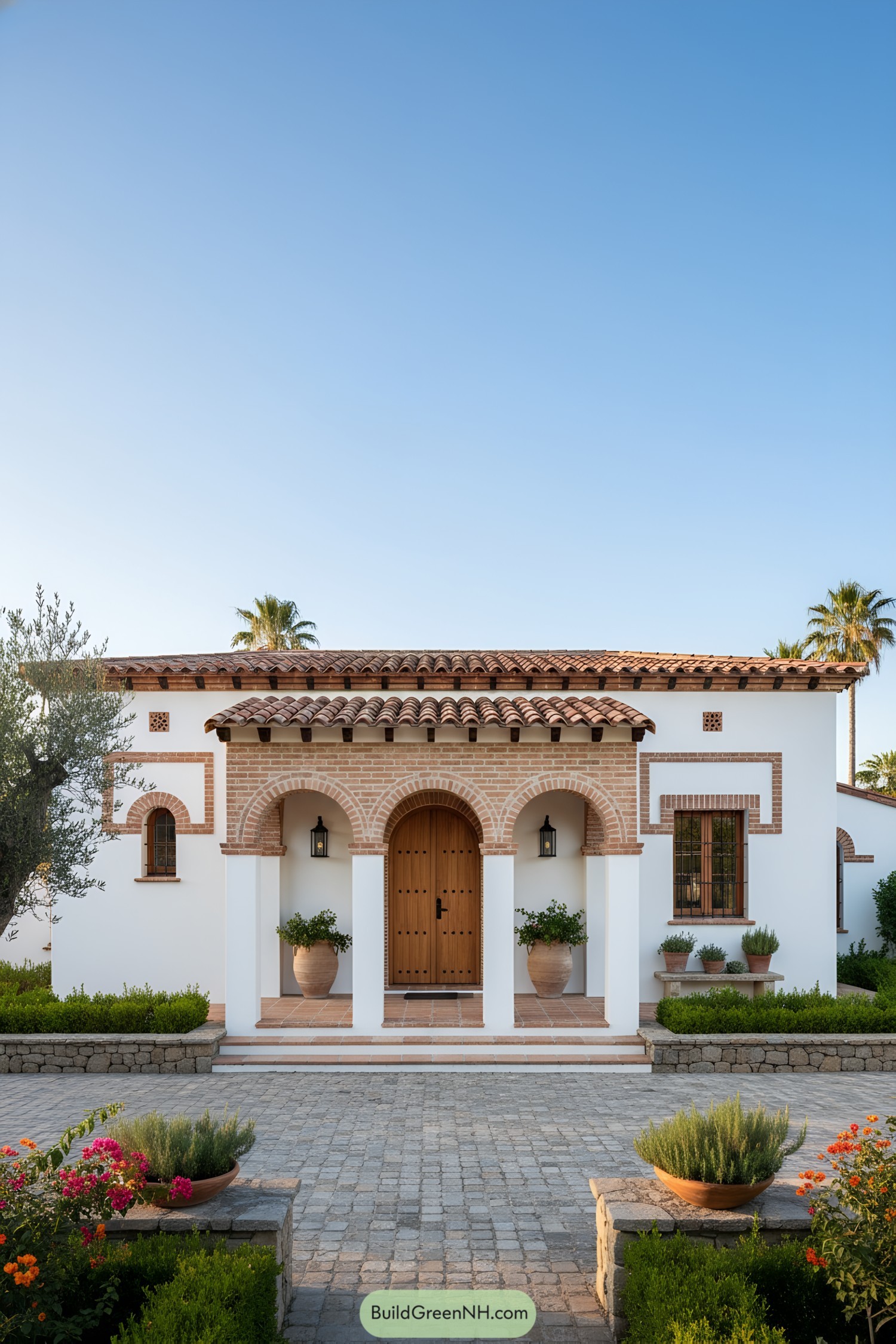 White stucco villa with brick arches, terracotta roof, and wooden door