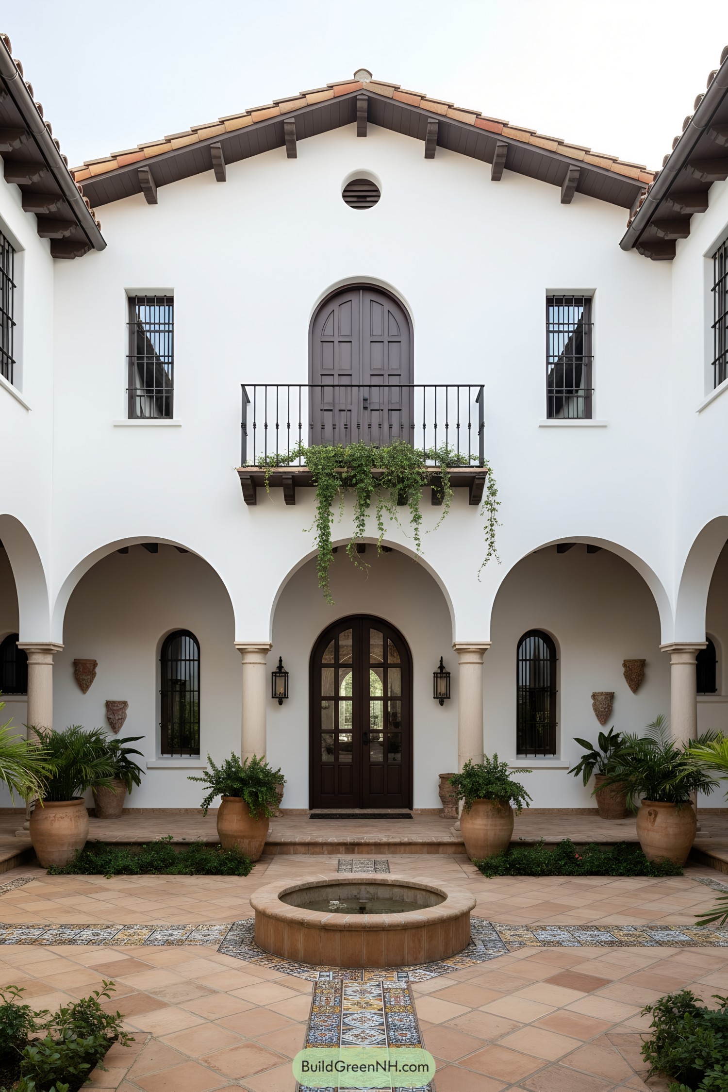 Arched Mediterranean courtyard with tiled fountain