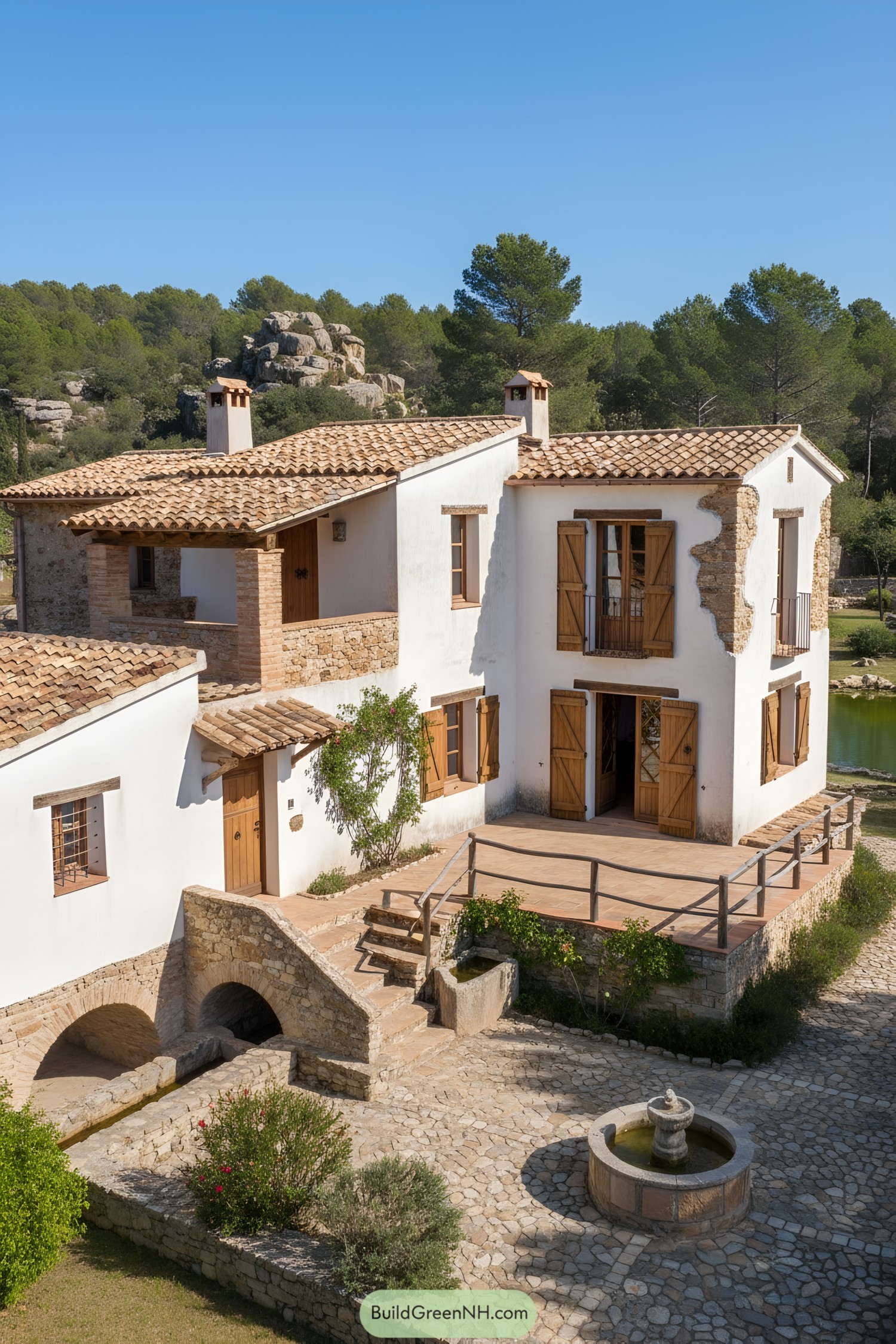 Whitewashed villa with terracotta roof and stone