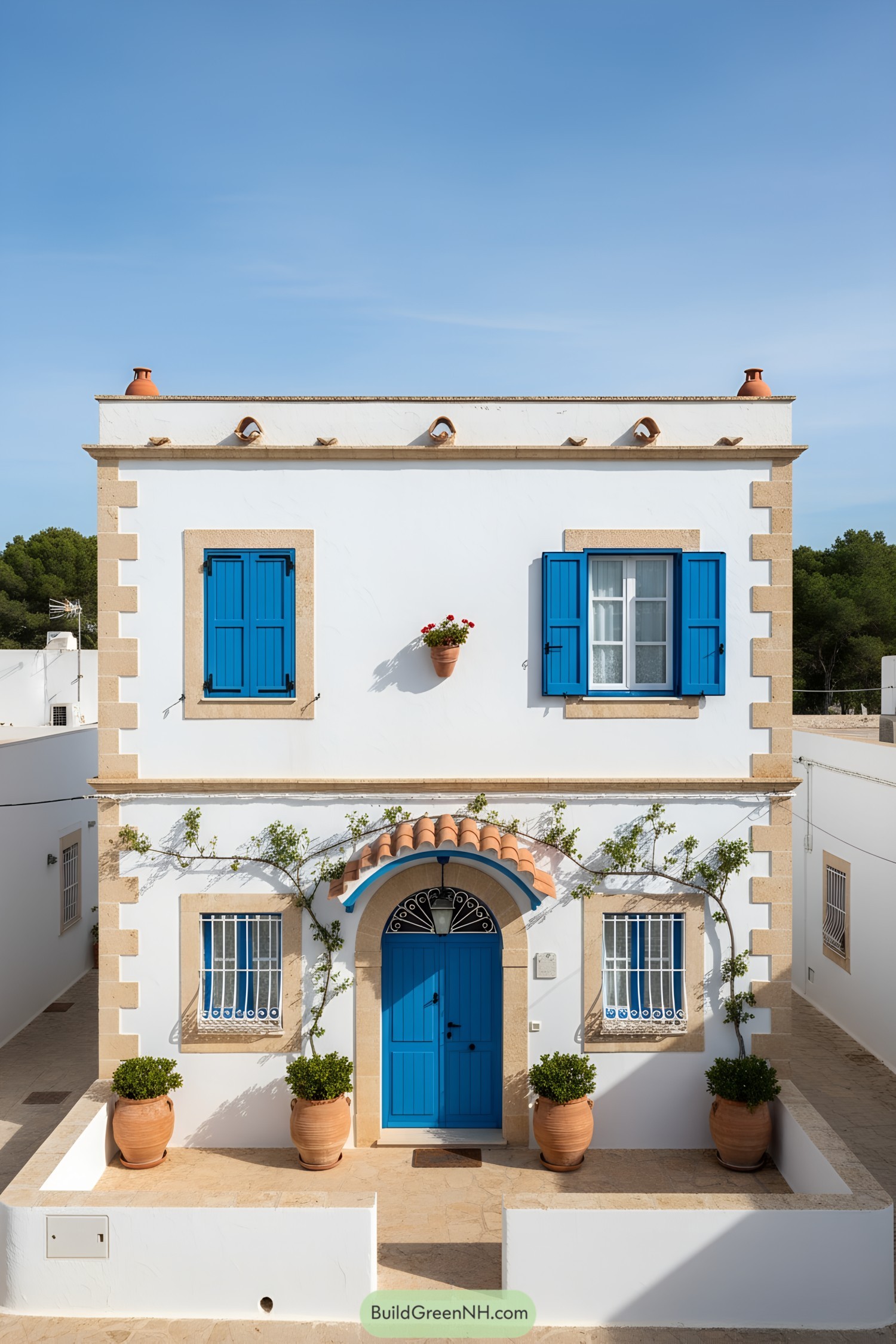 White stucco townhouse with bright blue shutters and door, terracotta pots, and arched tile canopy