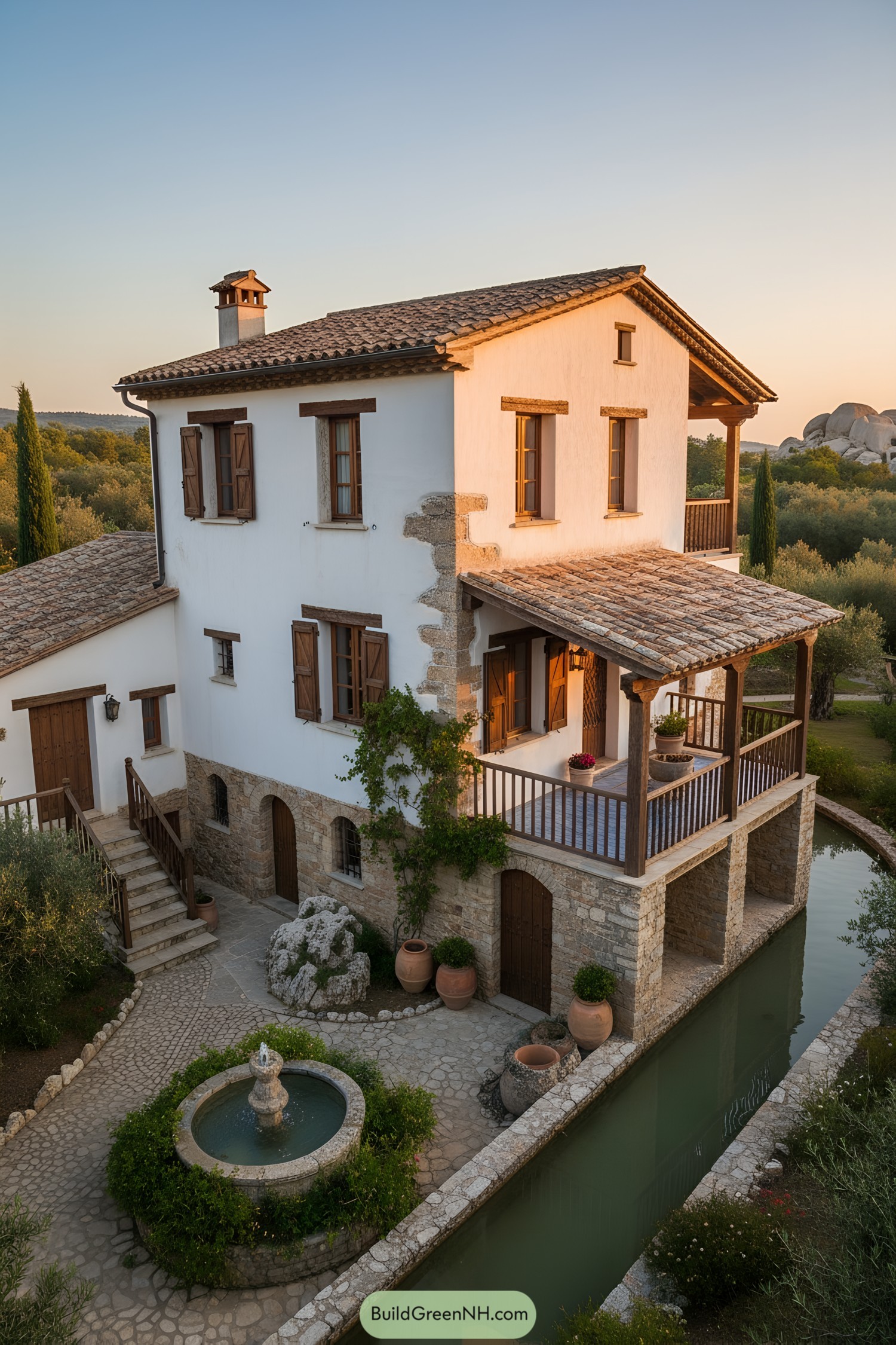 Mediterranean villa beside narrow canal at sunset
