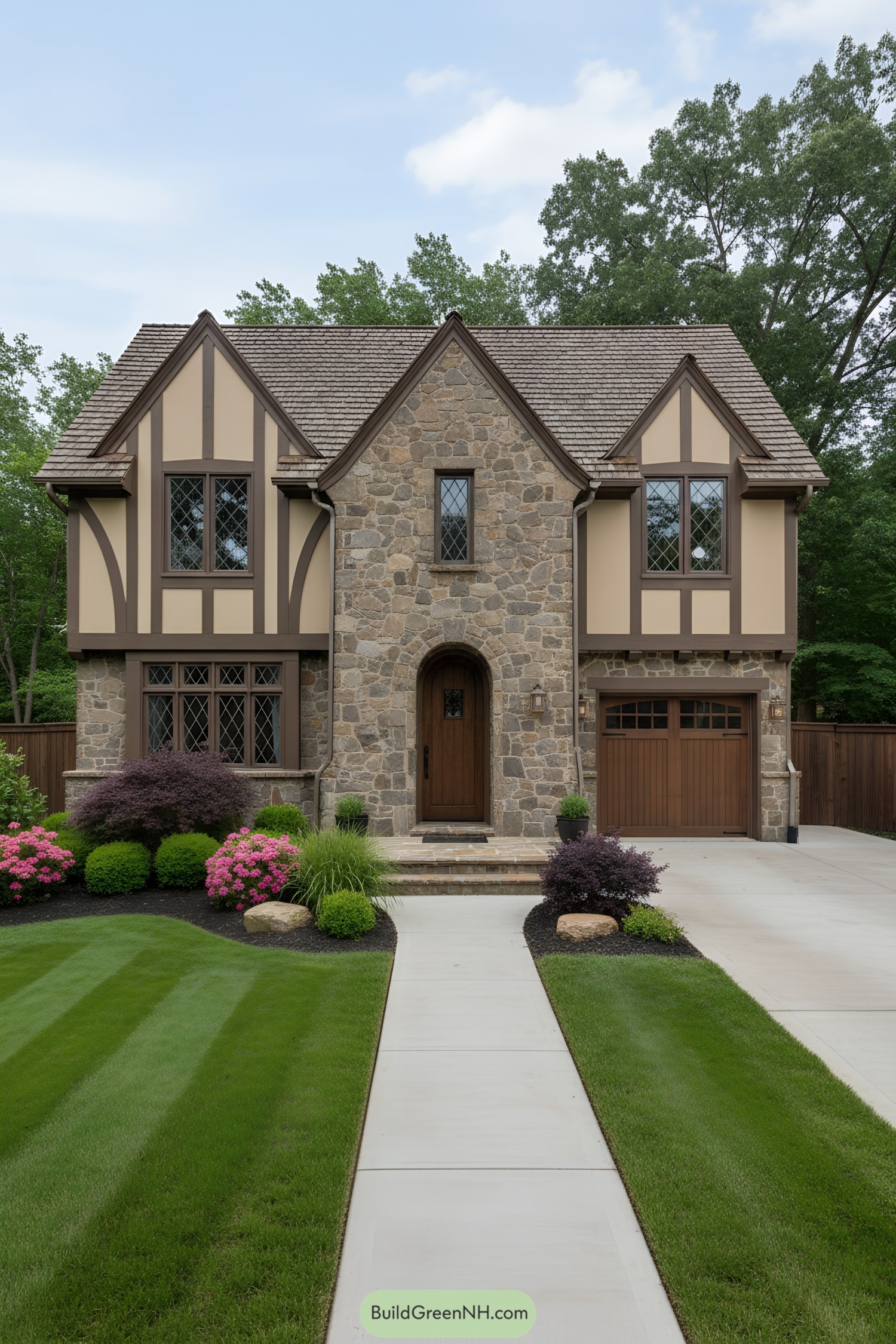 Stone-front Tudor with half-timber accents and diamond-paned windows
