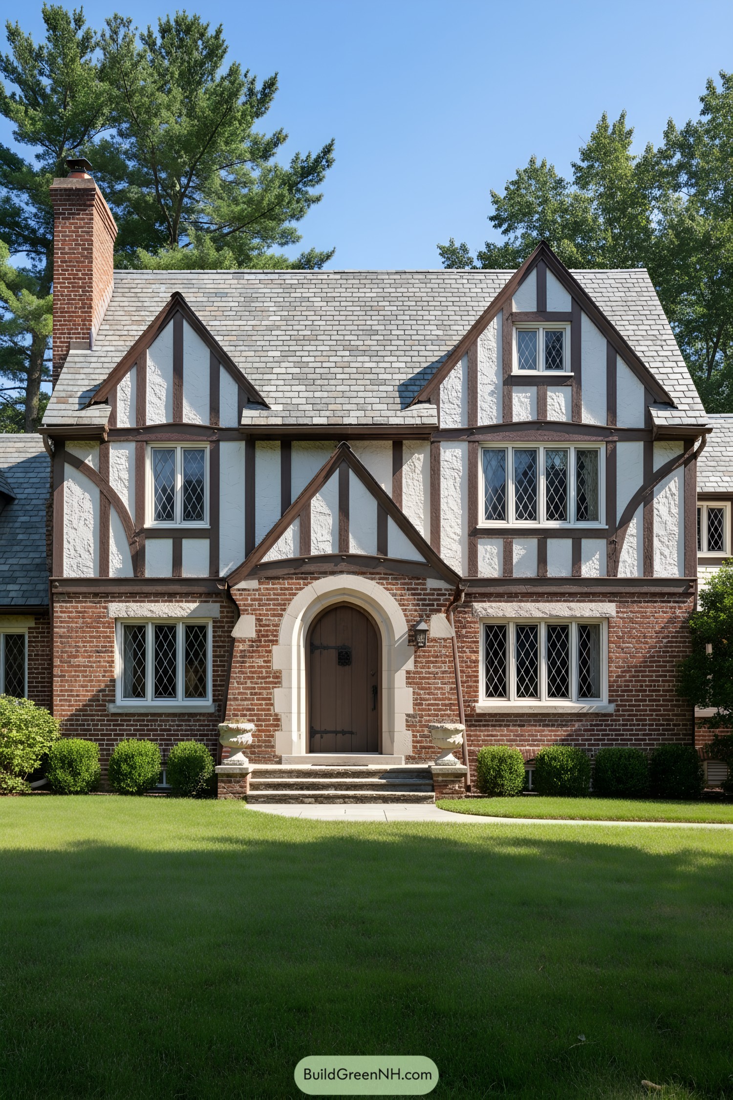 Two-story Tudor house with brick base, timbered stucco, and arched door