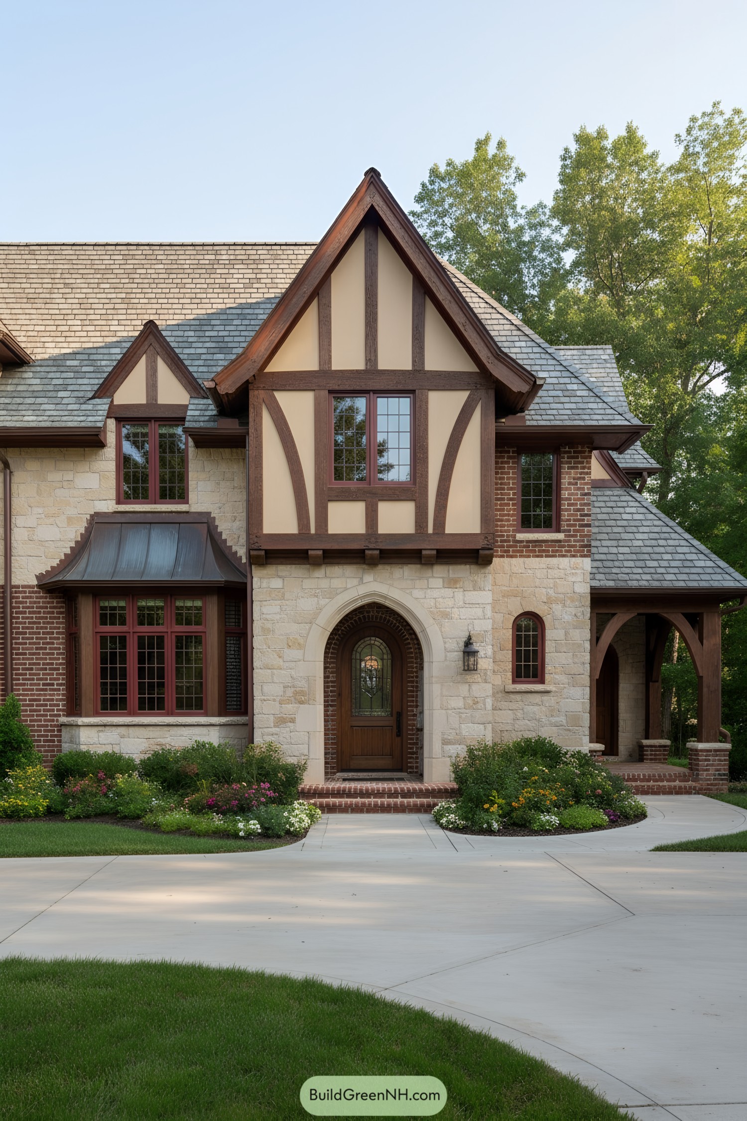 Tudor house with timber gables, arched stone entry, and slate roof