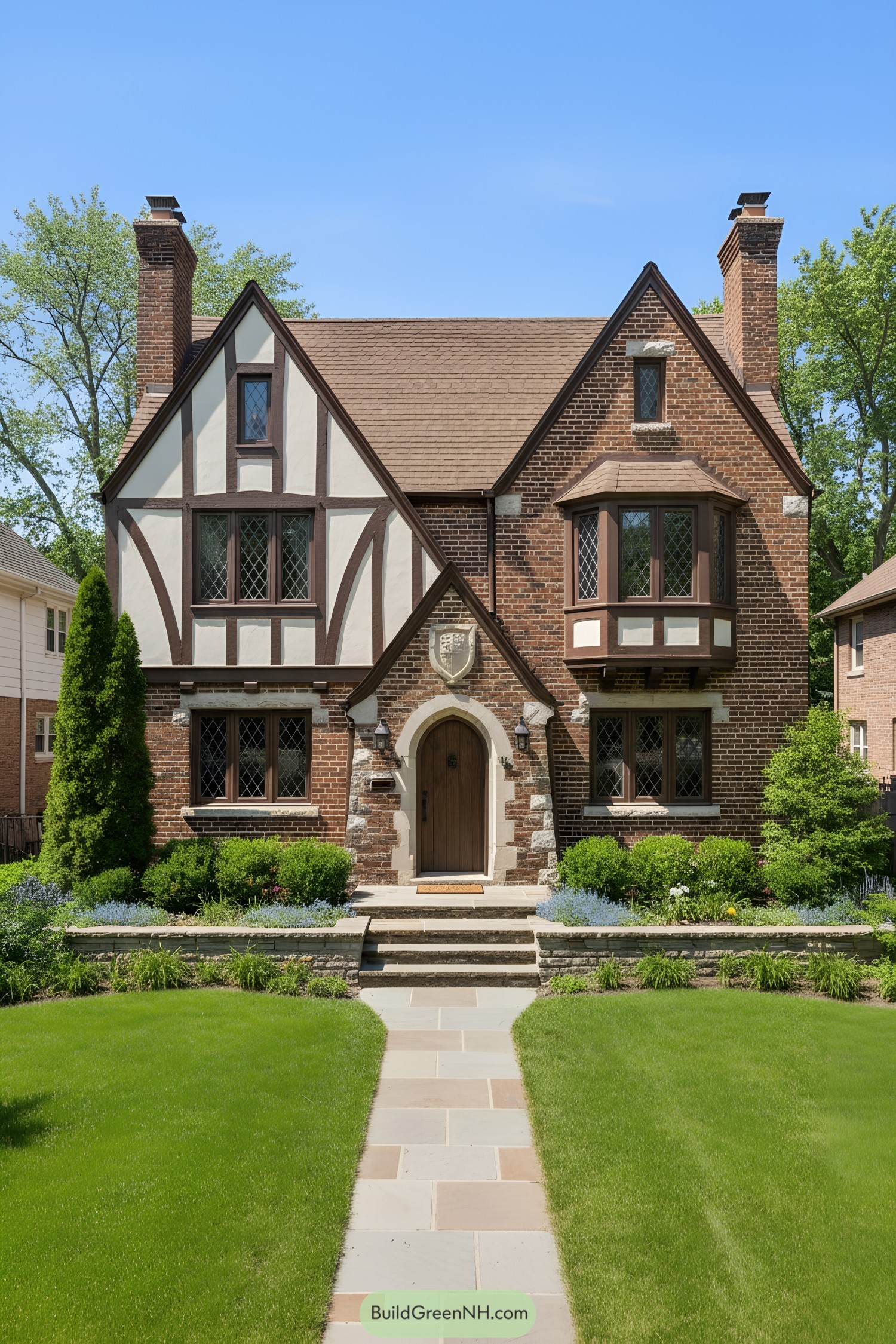 Brick-and-timber Tudor with twin chimneys, arched door, and diamond-paned bays