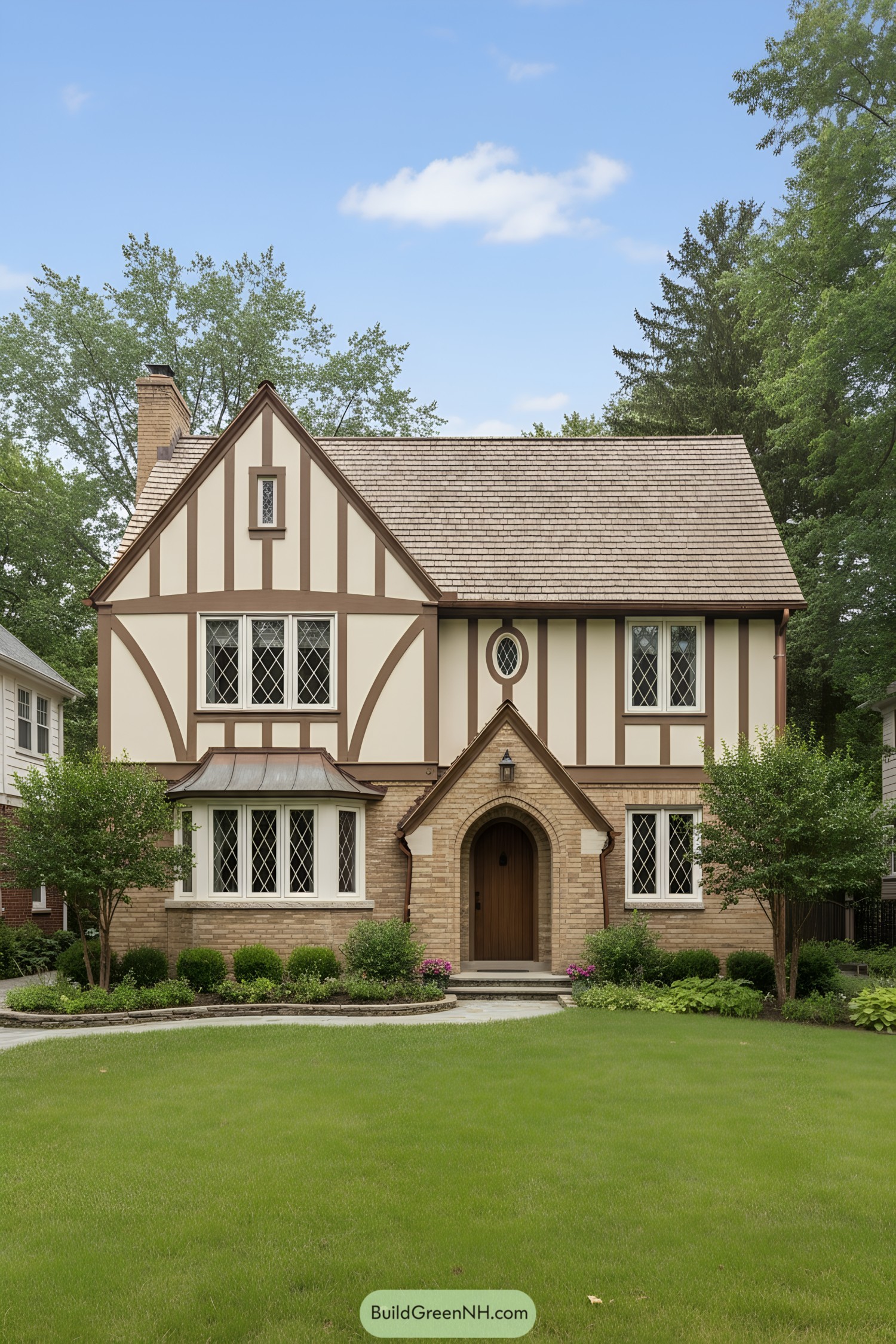 Two-story Tudor with copper bay, arched brick entry, and diamond-paned leaded windows