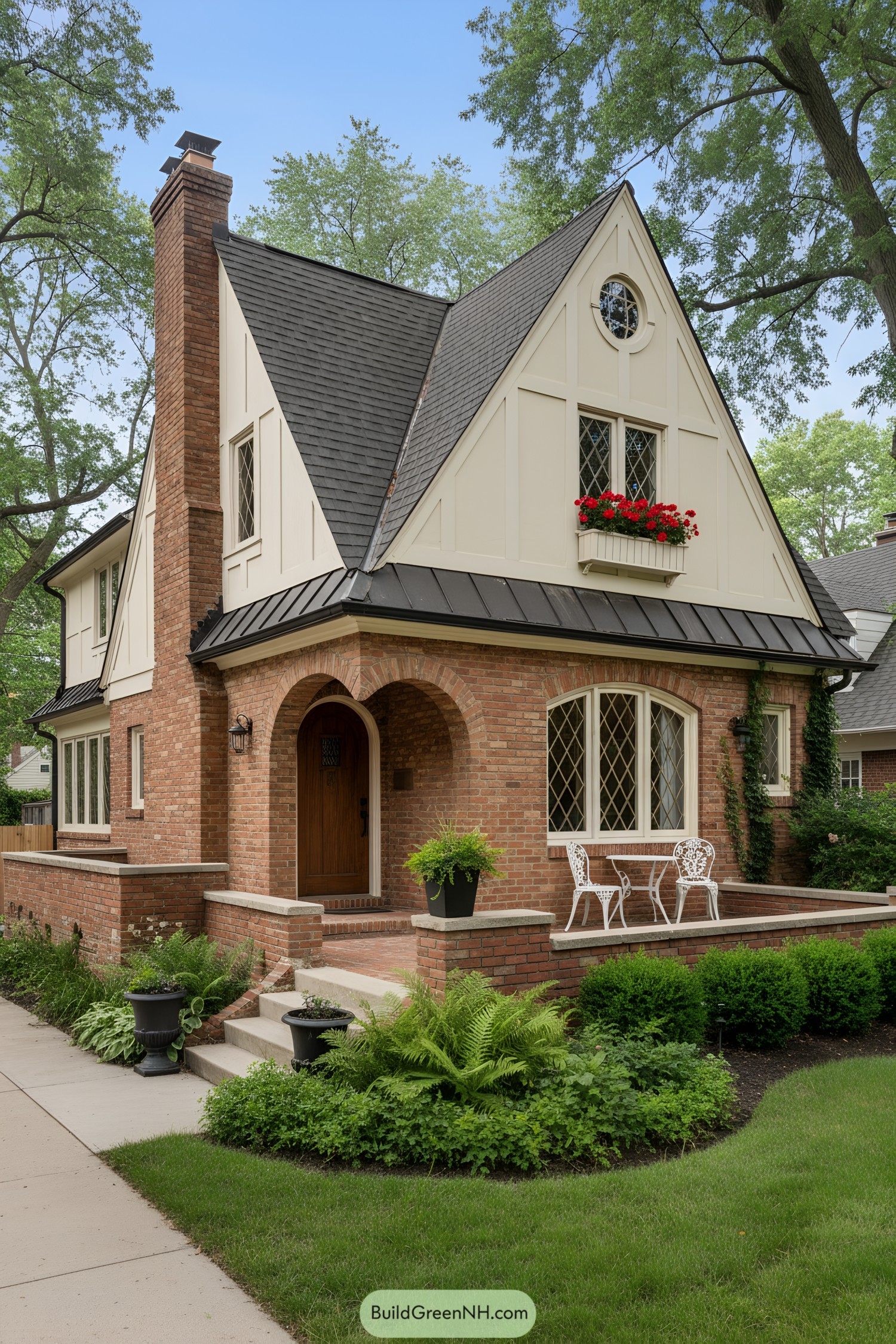 Brick-and-stucco Tudor house with steep gables, arched porch, and diamond-pane windows