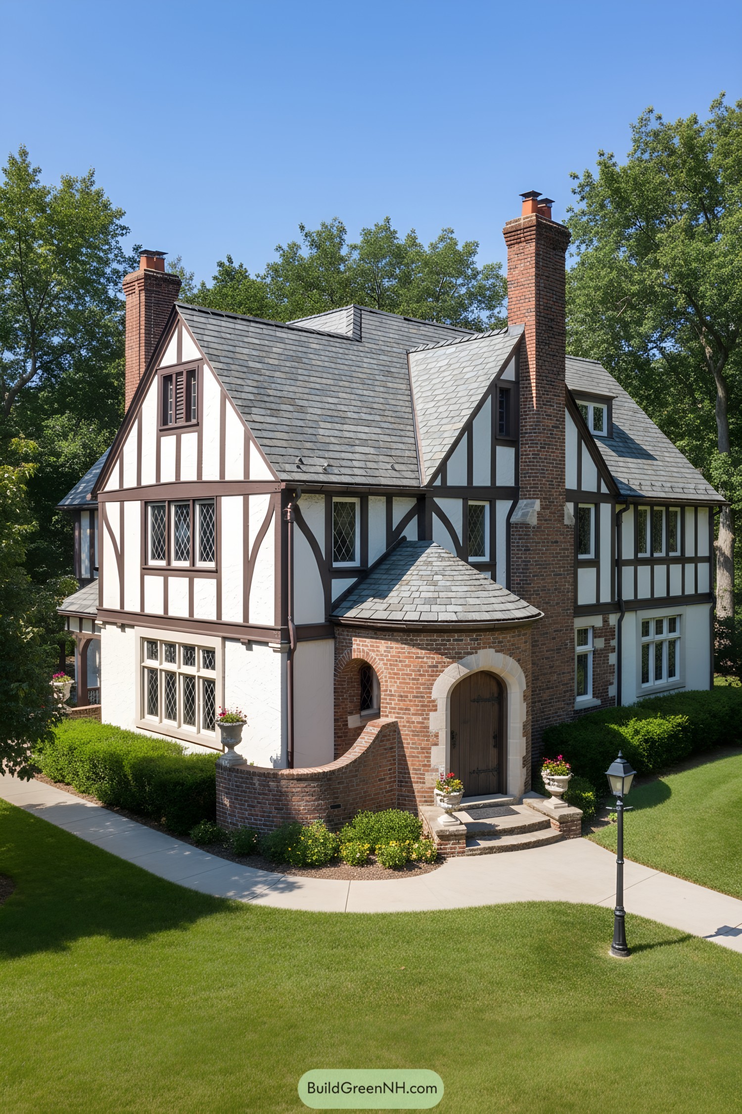 Tudor house with brick turreted entry, steep gables, and half-timbering