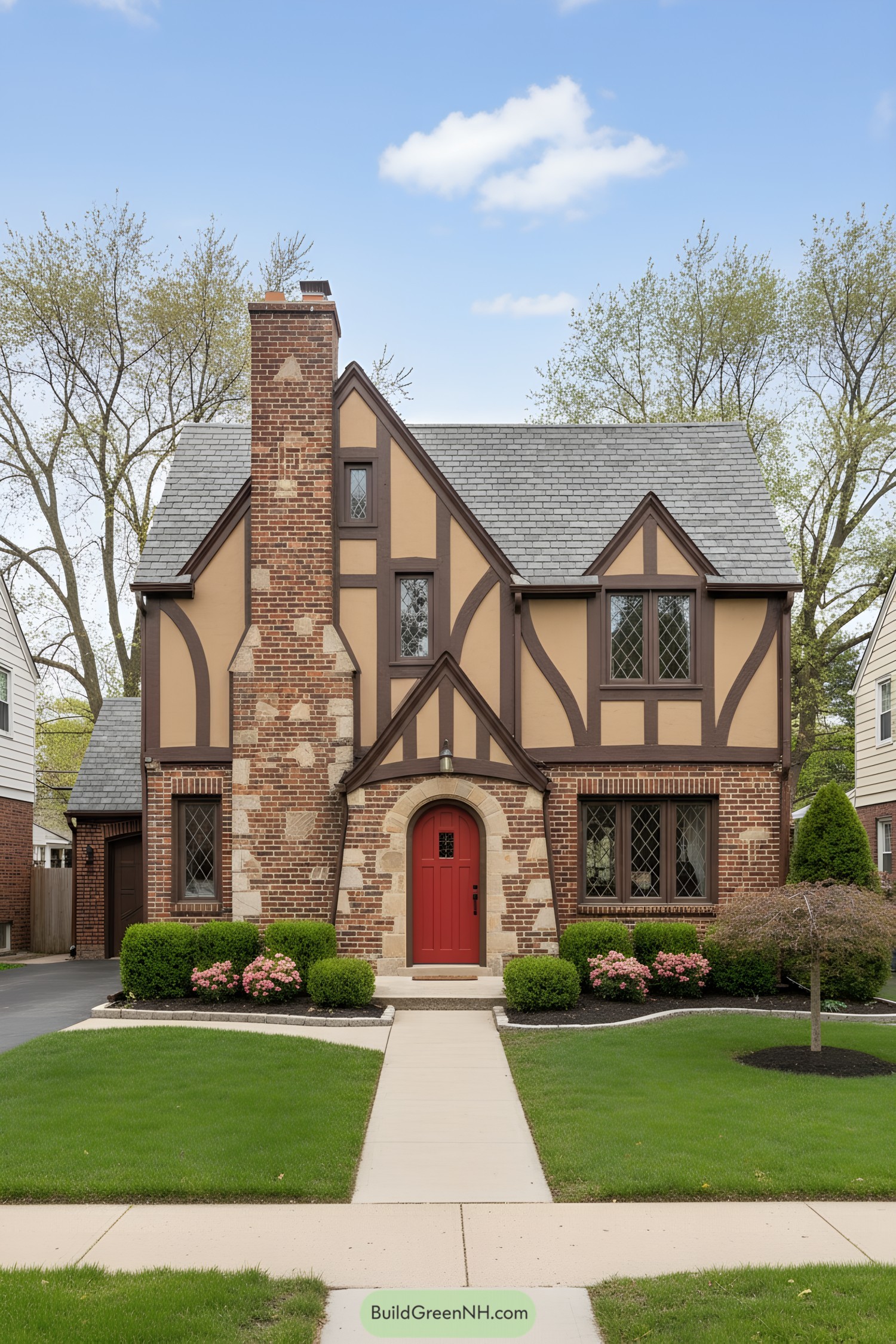 Tudor cottage with brick, half-timbering, and steep gables